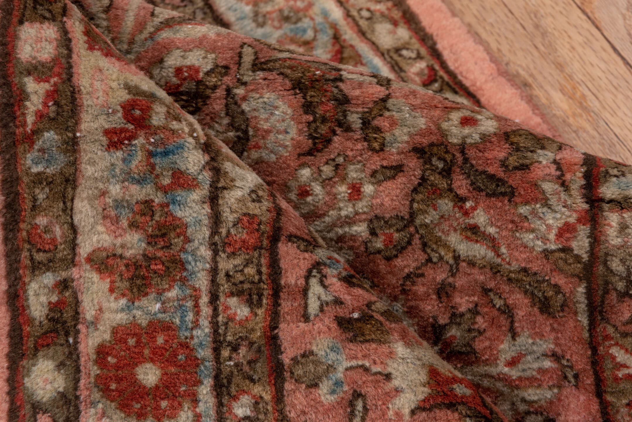 2' x 6' one-of-a-kind handmade antique Kashan runner rug. Color palette: rose, ivory, rust, brown, sky_blue, taupe, charcoal