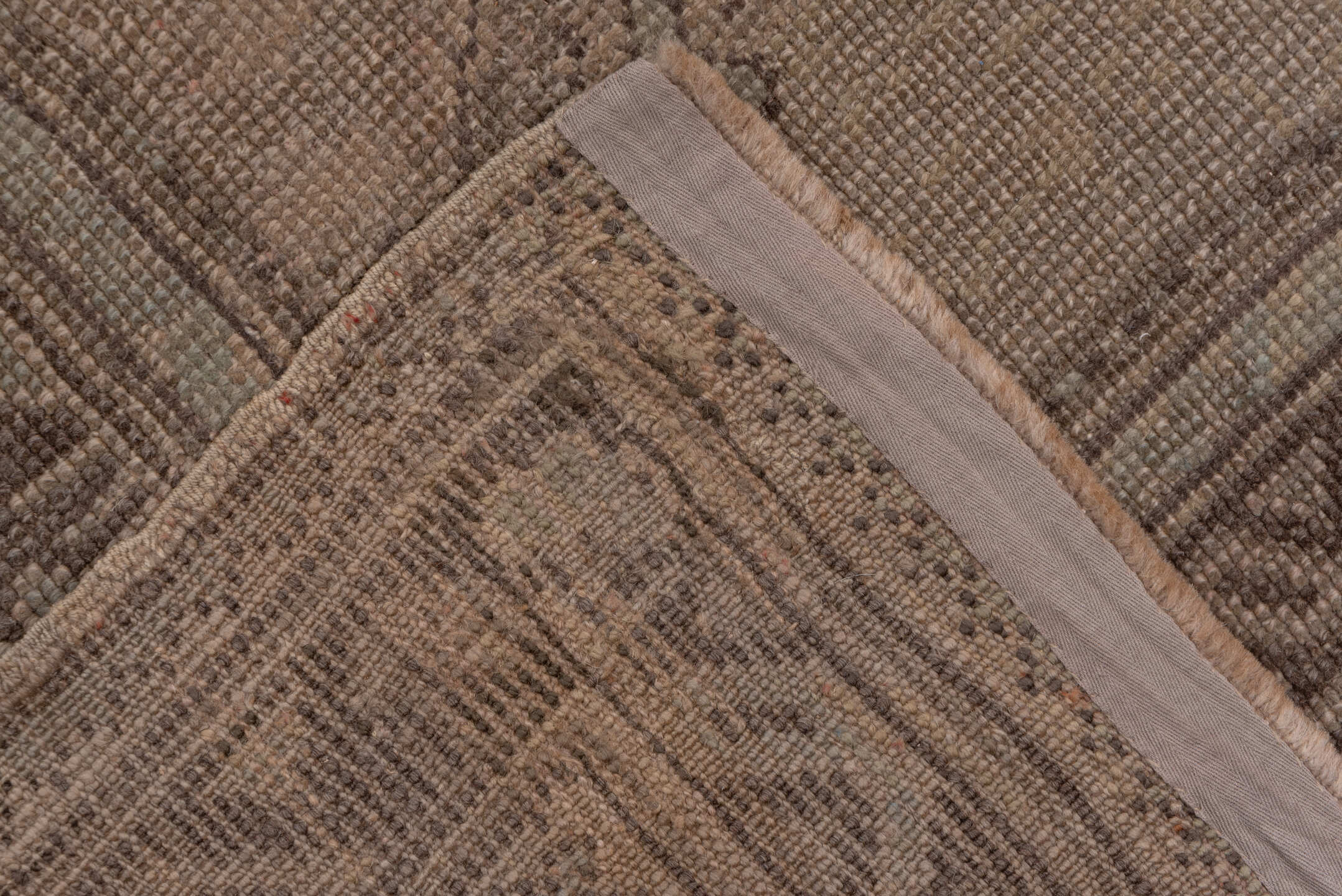 12' x 26' one-of-a-kind handmade antique Oushak oversize rug. Color palette: taupe, brown, camel, charcoal, beige, gray