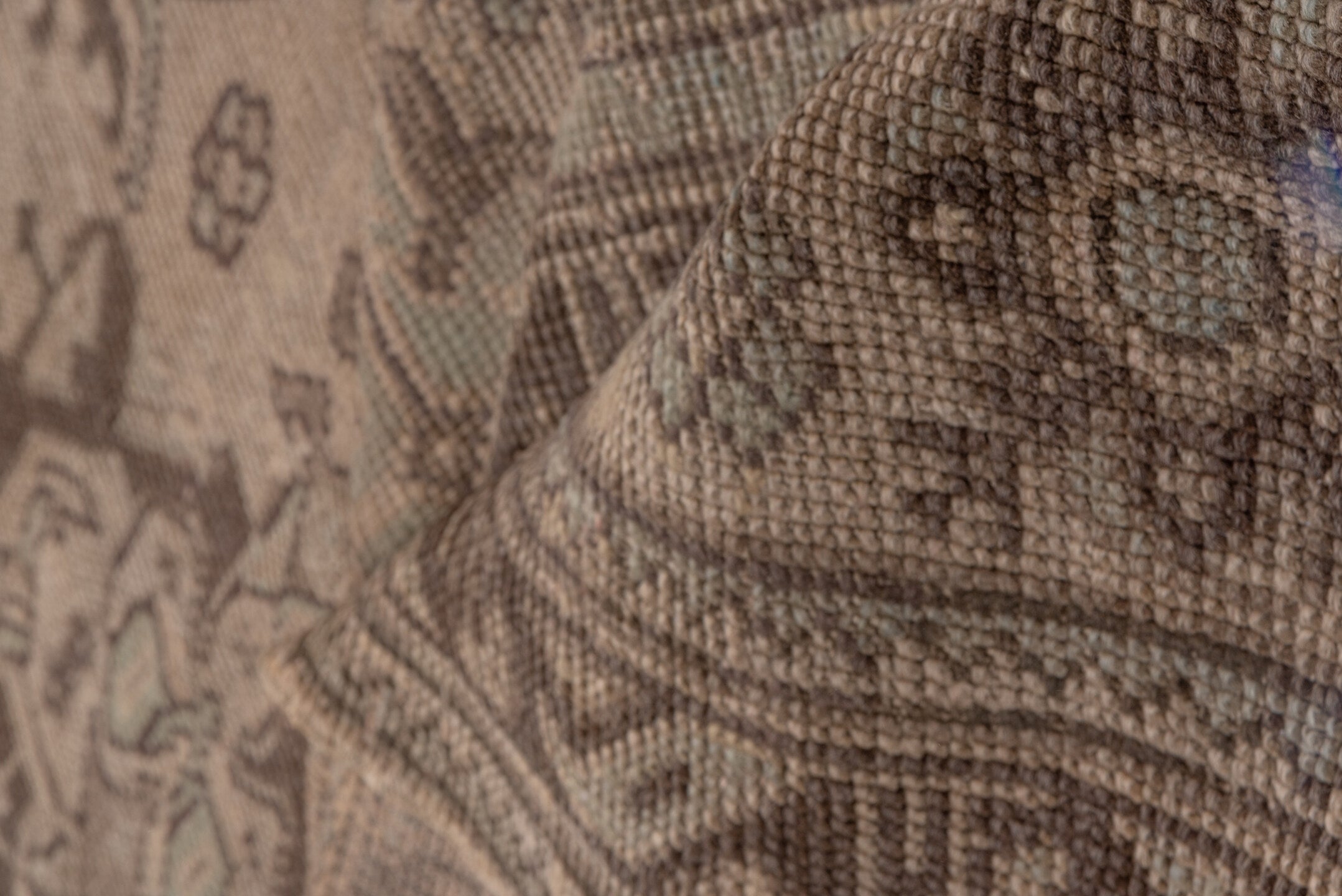 12' x 26' one-of-a-kind handmade antique Oushak oversize rug. Color palette: taupe, brown, camel, charcoal, beige, gray
