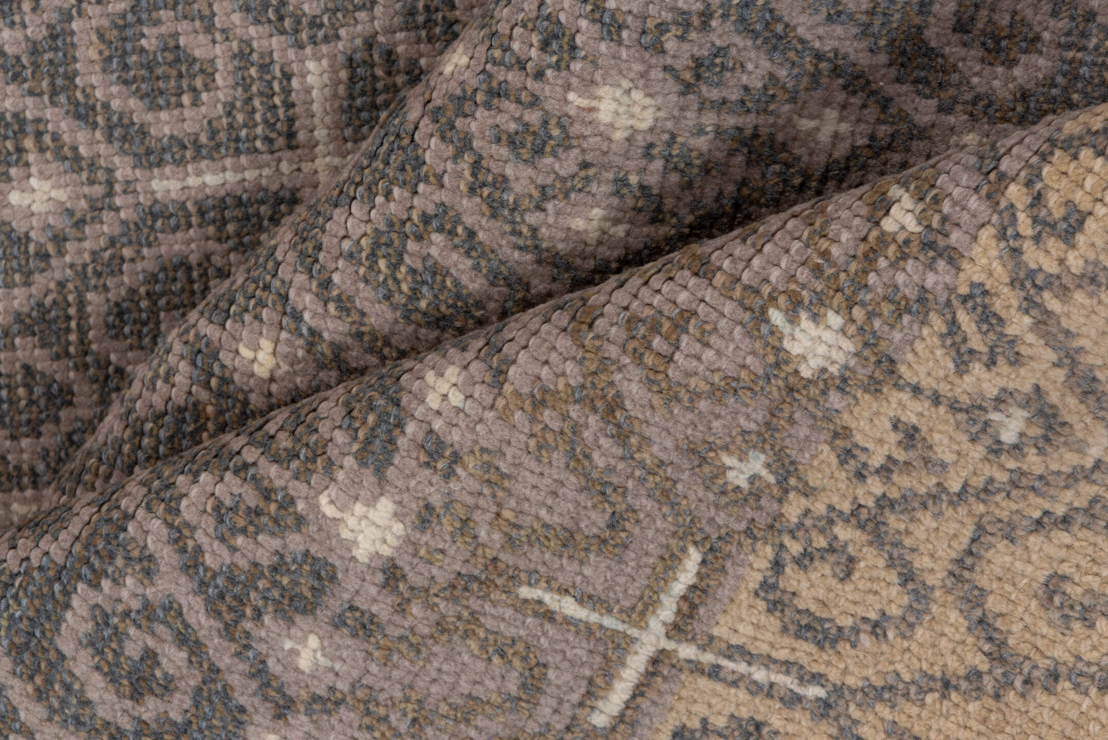 2' x 4' one-of-a-kind handmade vintage Konya small size rug. Color palette: brown, gray, light gray, off-white, pink, snow