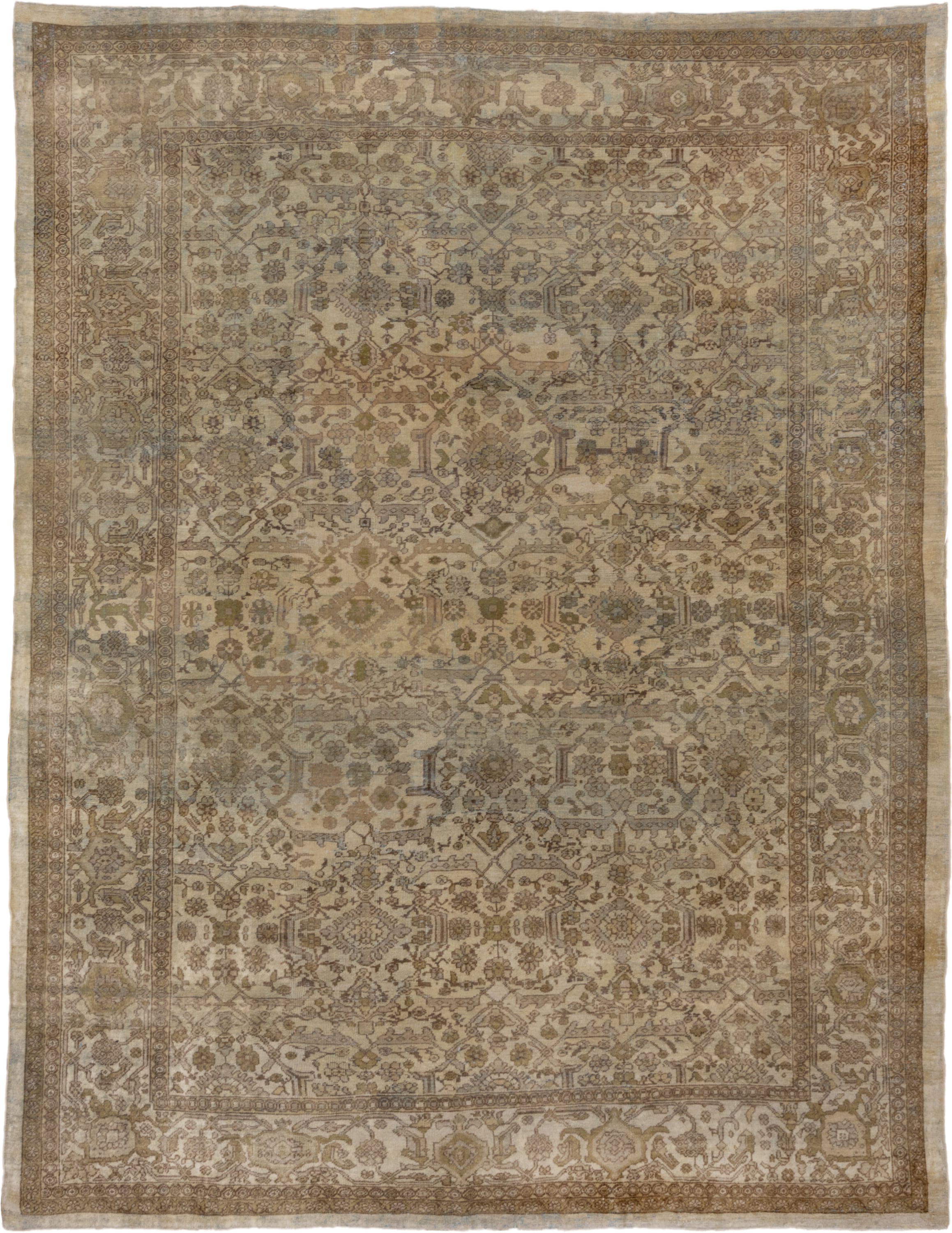 8' x 11' one-of-a-kind handmade antique Mahal large size rug. Color palette: ivory, taupe, beige, brown, sage, camel, slate