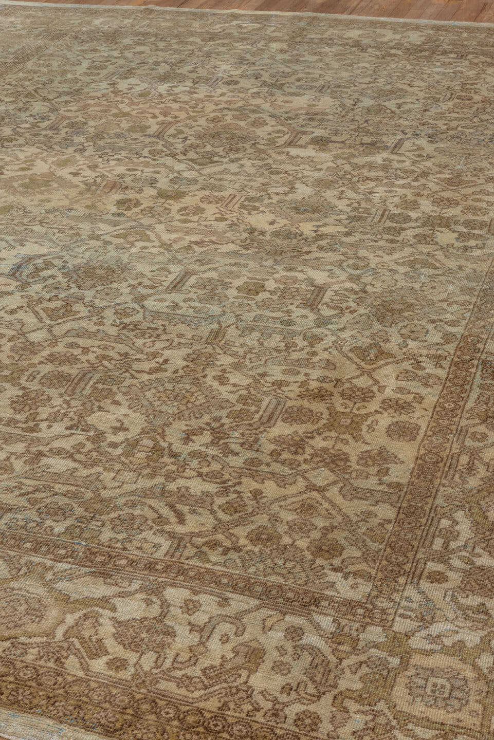 8' x 11' one-of-a-kind handmade antique Mahal large size rug. Color palette: ivory, taupe, beige, brown, sage, camel, slate