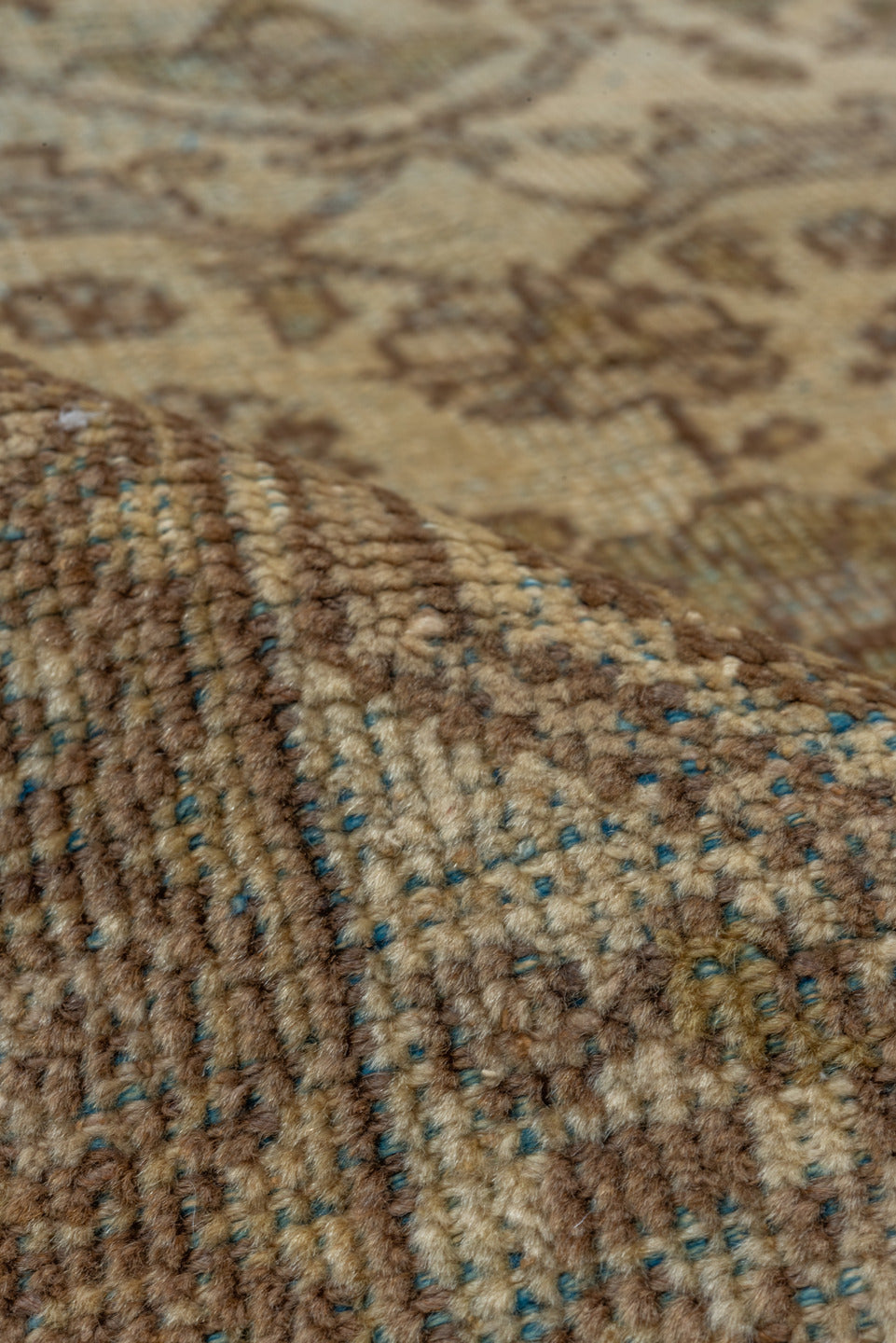 8' x 11' one-of-a-kind handmade antique Mahal large size rug. Color palette: ivory, taupe, beige, brown, sage, camel, slate