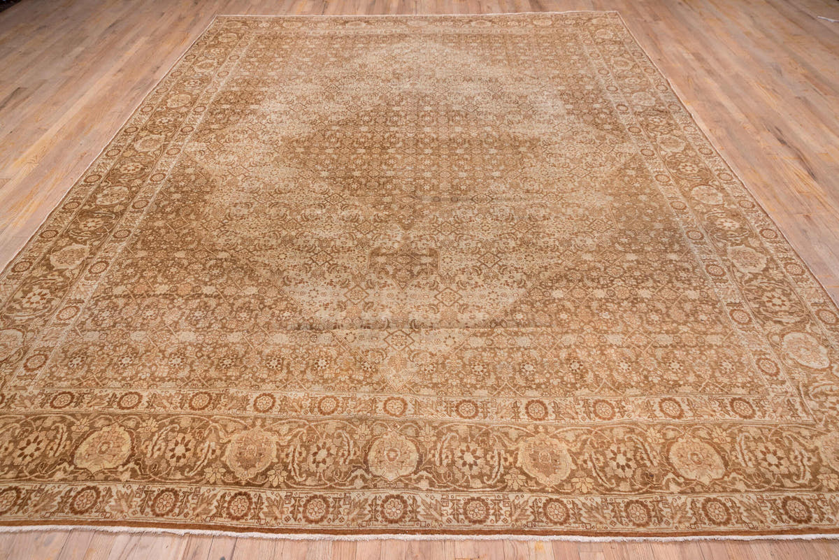 9' x 12' one-of-a-kind handmade antique Tabriz large size rug. Color palette: camel, terracotta, ivory, taupe, sienna, beige