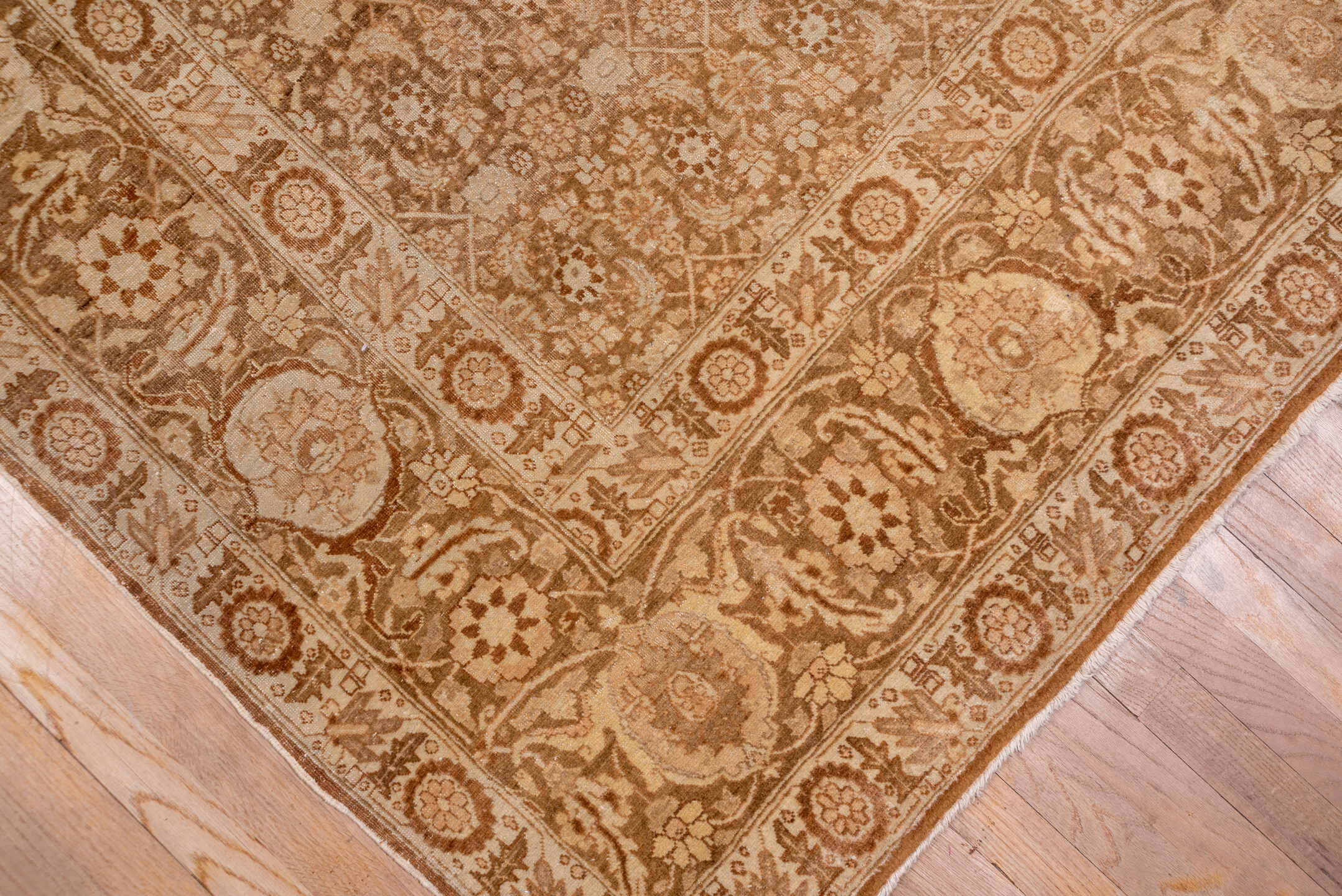 9' x 12' one-of-a-kind handmade antique Tabriz large size rug. Color palette: camel, ivory, taupe, brown, sand, beige, gray