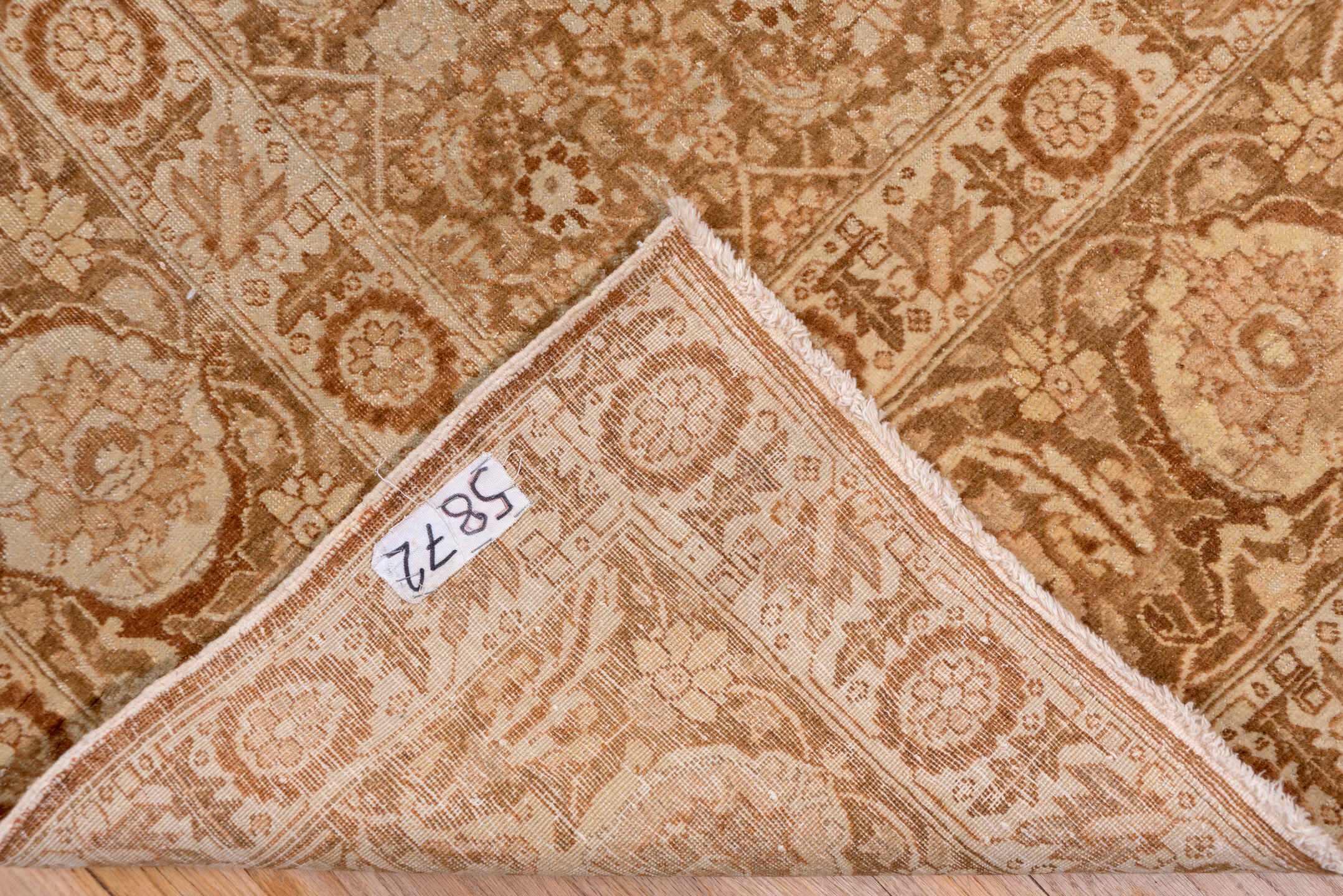 9' x 12' one-of-a-kind handmade vintage Tabriz large size rug. Color palette: brown, off-white, pink
