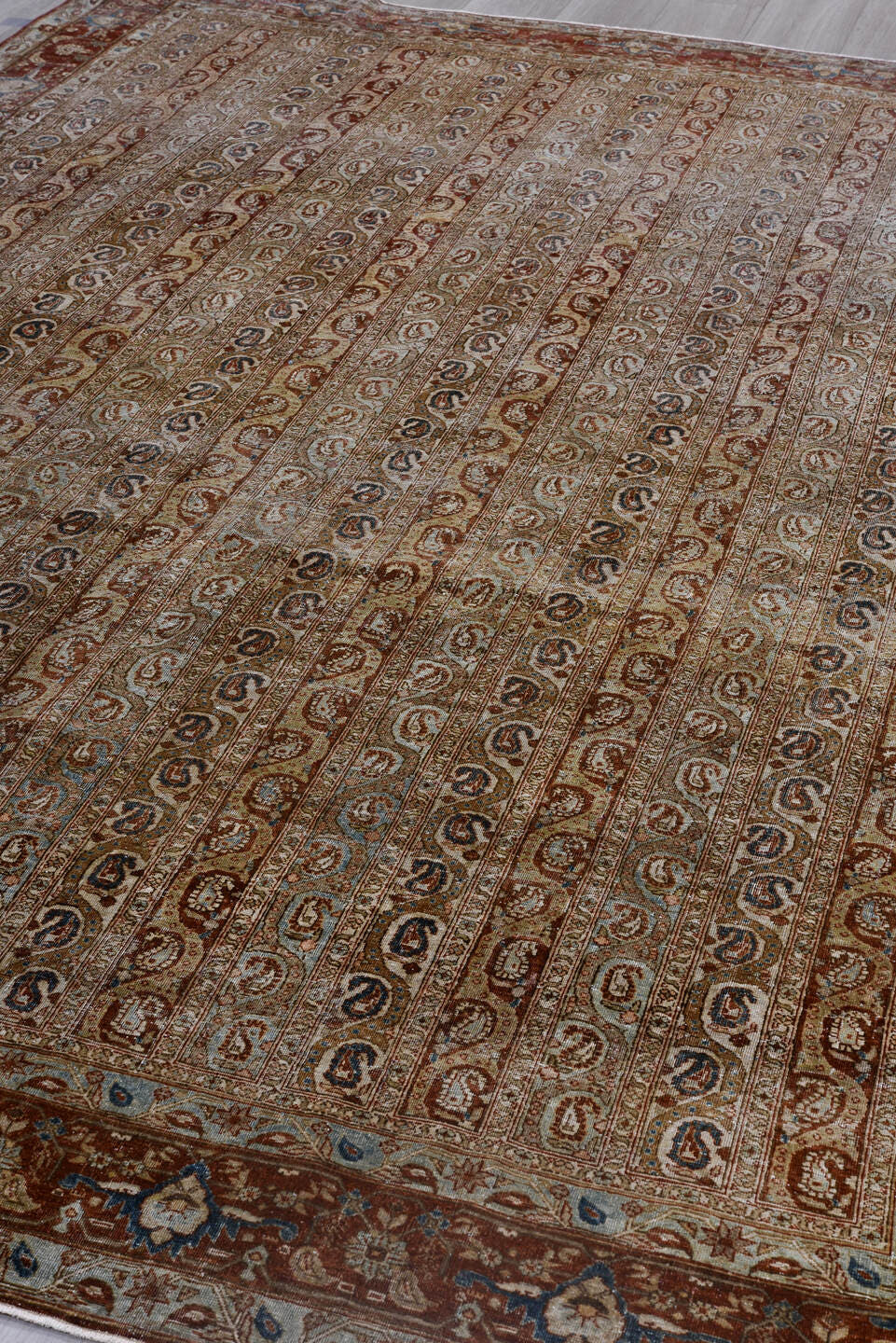 7' x 10' one-of-a-kind handmade antique Qum large size rug. Color palette: ivory, rust, camel, light blue, taupe, brown