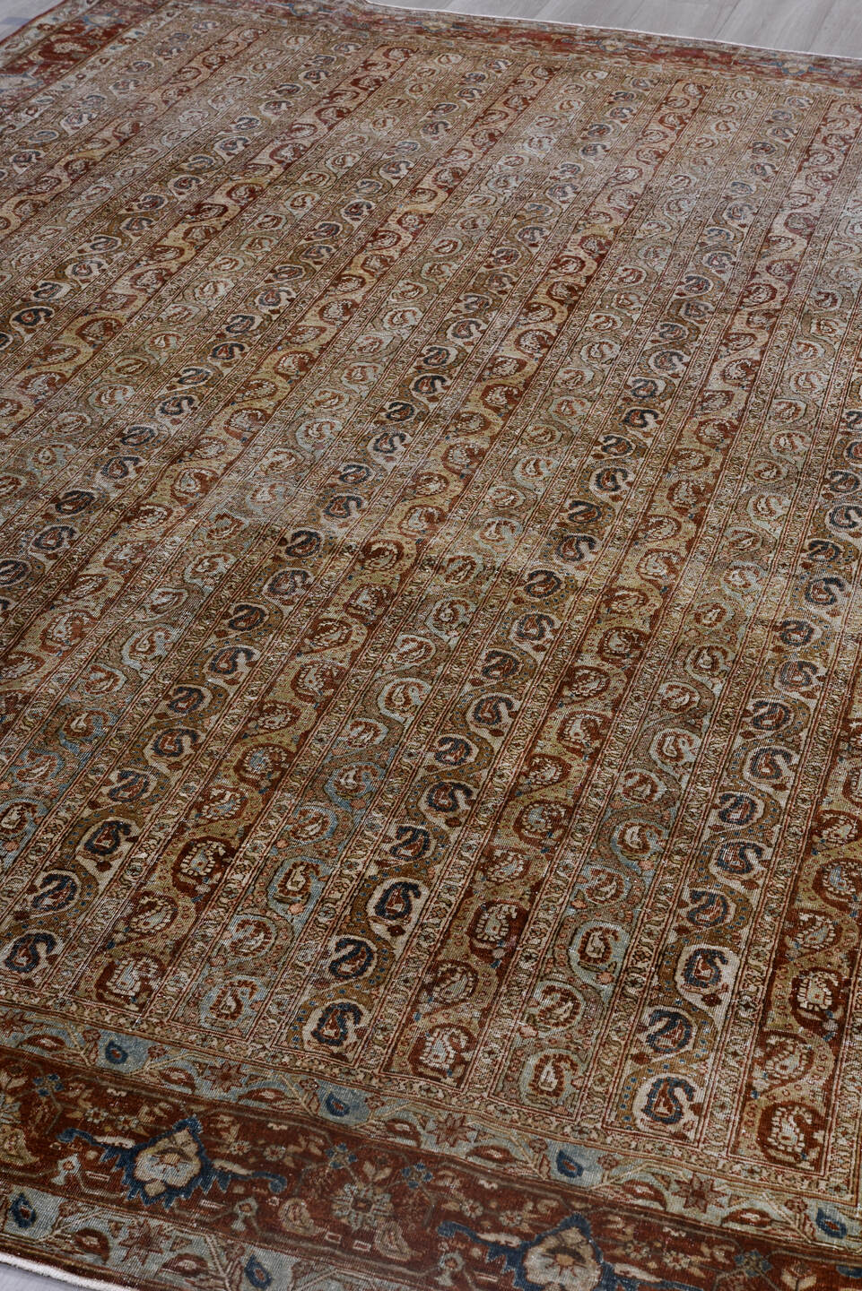 7' x 10' one-of-a-kind handmade antique Qum large size rug. Color palette: ivory, rust, camel, light blue, taupe, brown