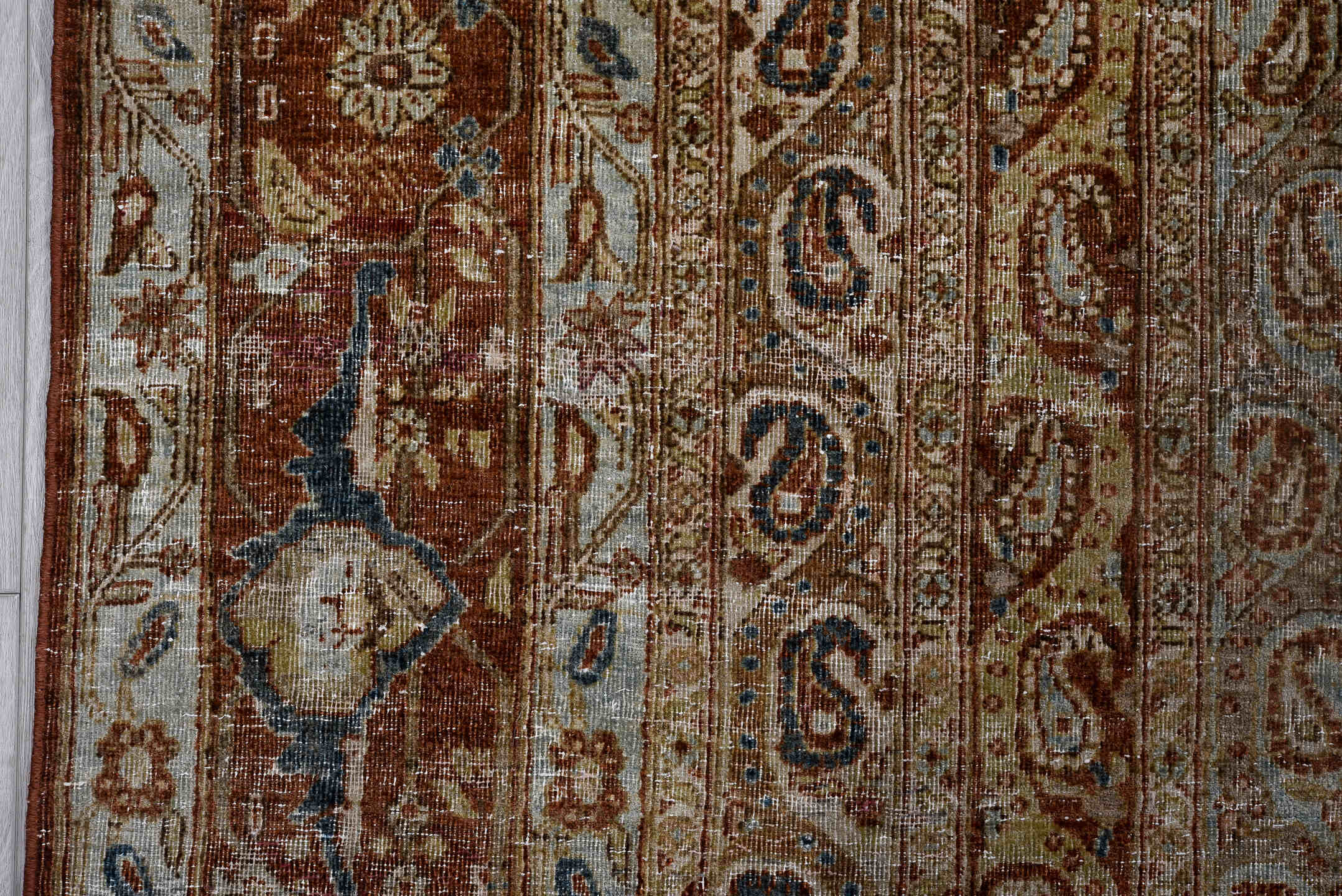 7' x 10' one-of-a-kind handmade antique Qum large size rug. Color palette: ivory, rust, camel, light blue, taupe, brown