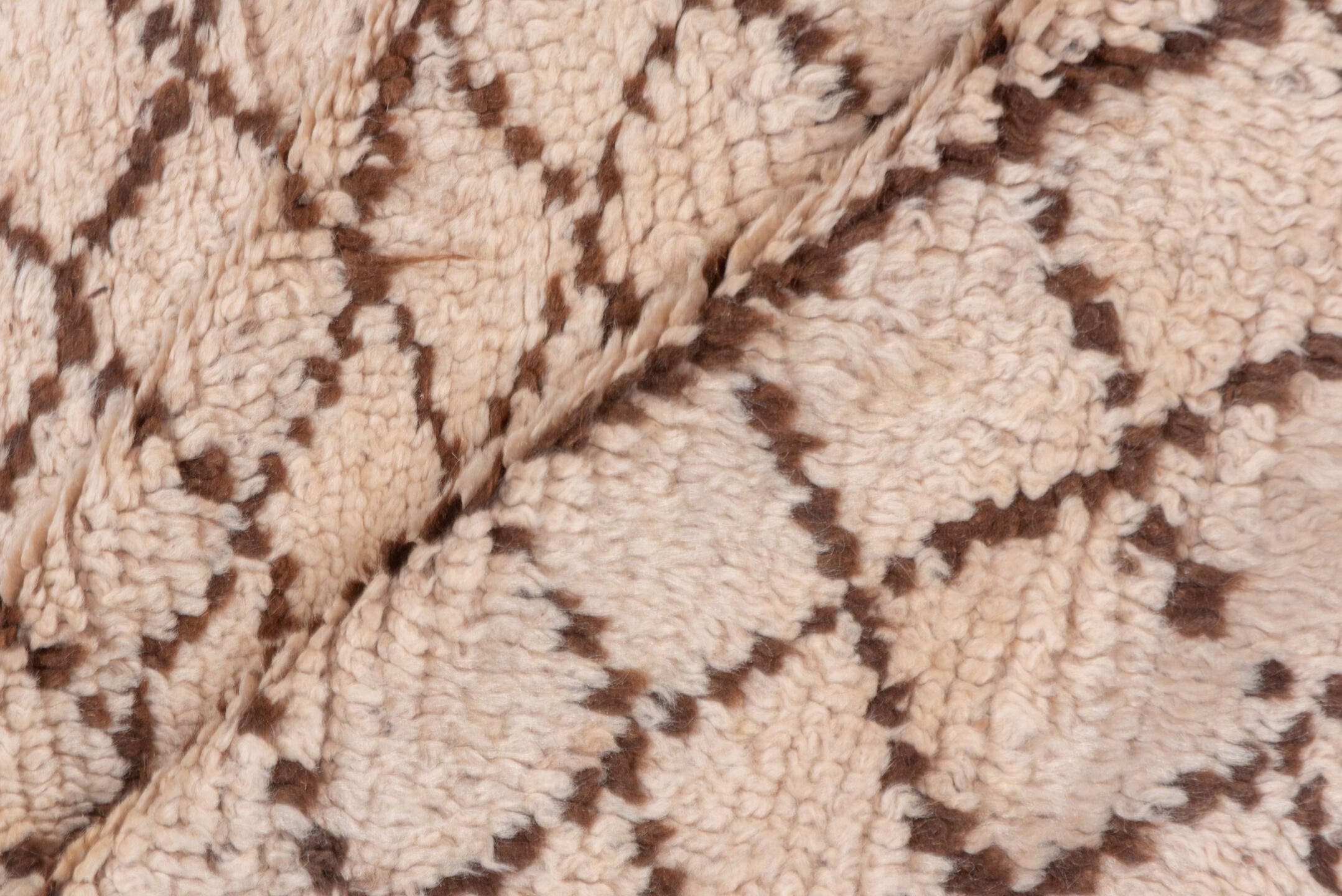 4' x 12' one-of-a-kind handmade vintage Moroccan runner rug. Color palette: ivory, brown, taupe, sky_blue, coral, beige