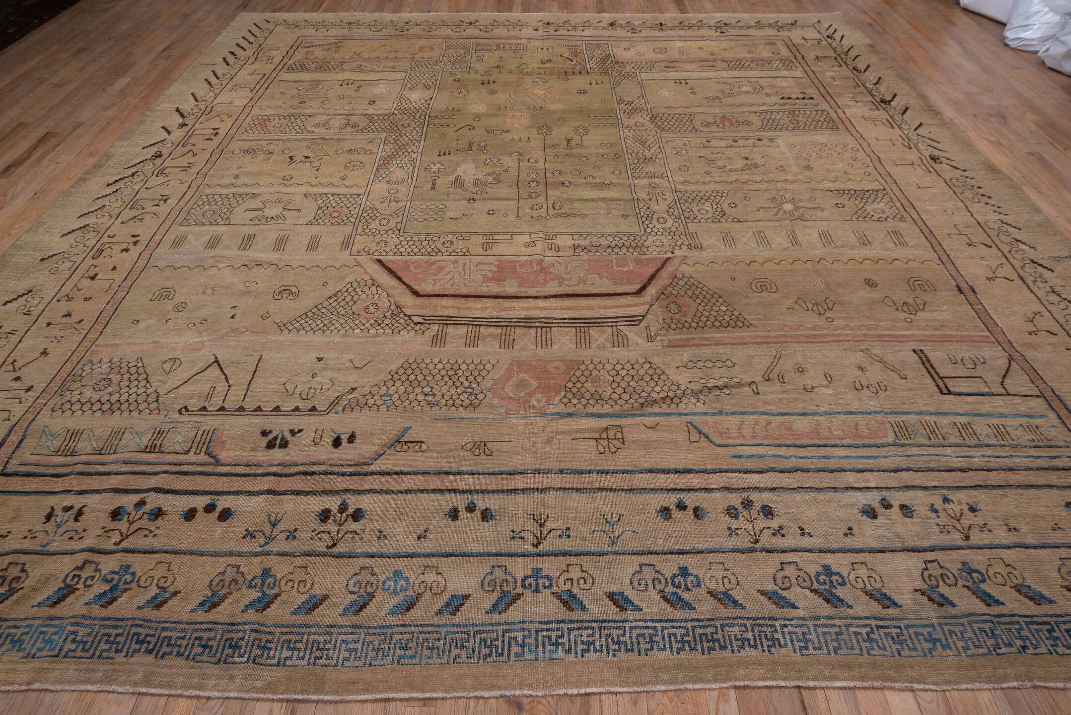12' x 13' one-of-a-kind handmade antique Khotan oversize rug. Color palette: camel, taupe, brown, rose, ivory, slate, blue