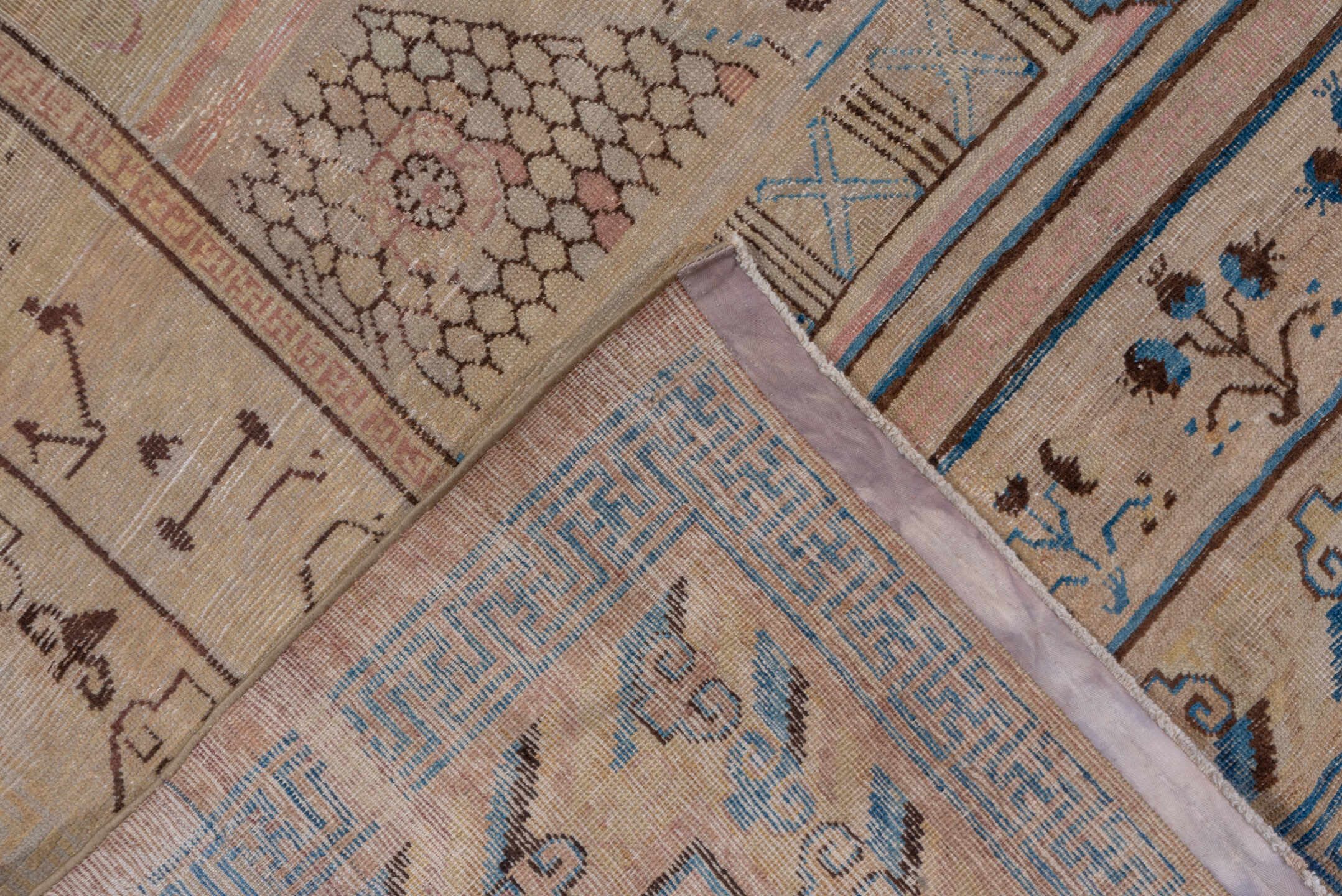 12' x 13' one-of-a-kind handmade antique Khotan oversize rug. Color palette: camel, taupe, brown, rose, ivory, slate, blue