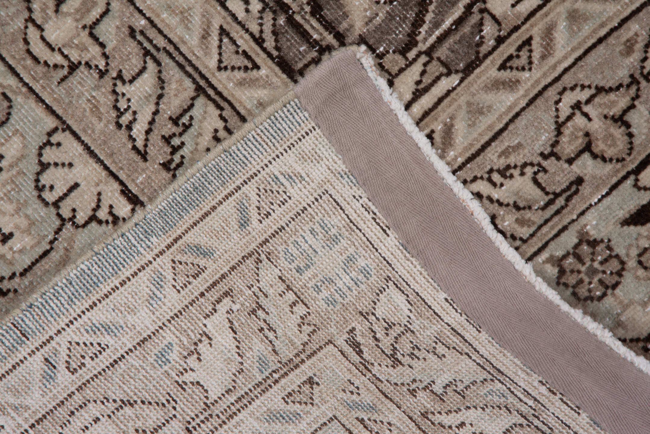 7' x 10' one-of-a-kind handmade antique Sivas large size rug. Color palette: taupe, ivory, beige, brown, camel, charcoal