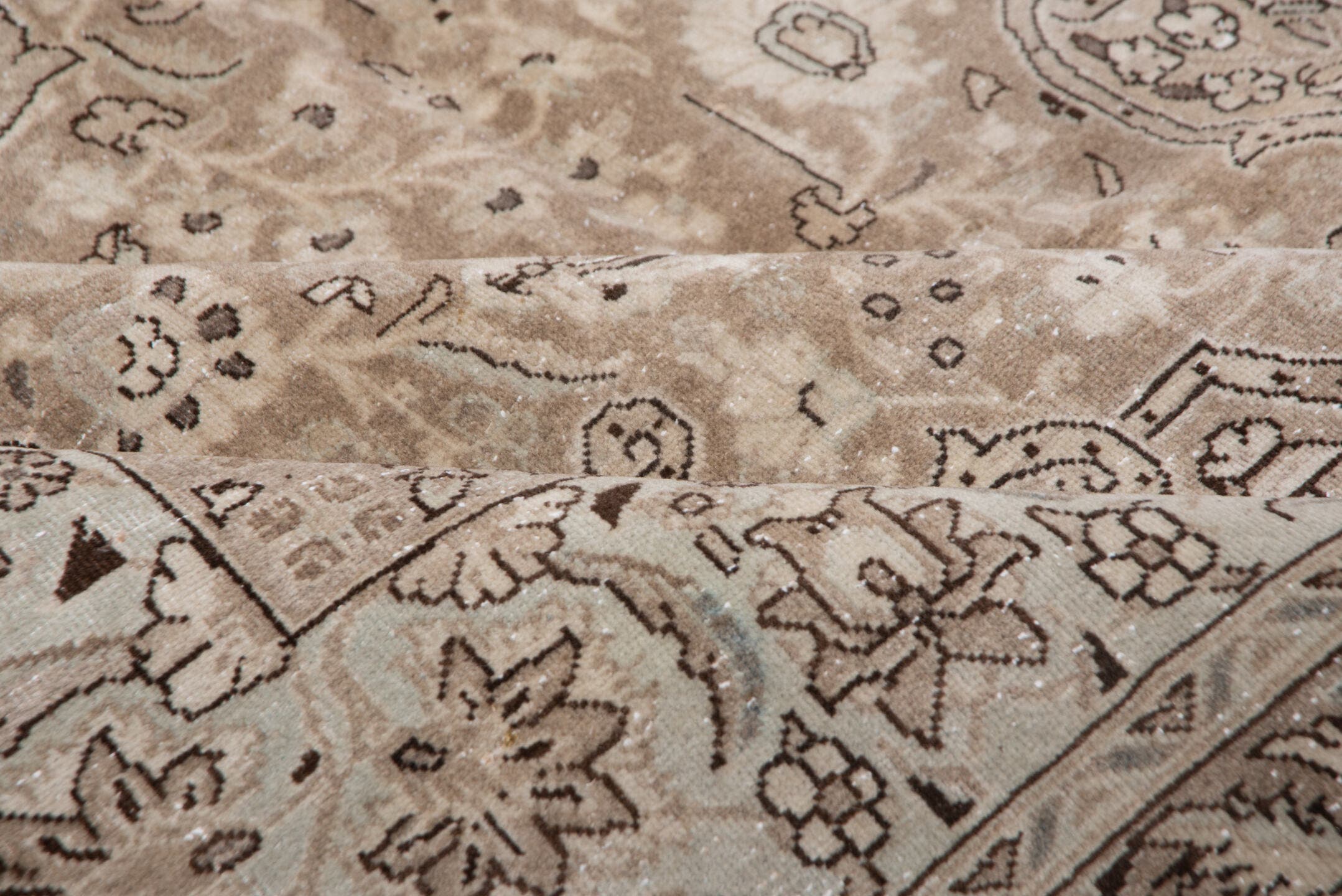 7' x 10' one-of-a-kind handmade antique Sivas large size rug. Color palette: taupe, ivory, beige, brown, camel, charcoal