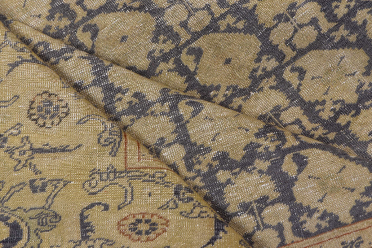 6' x 9' one-of-a-kind handmade antique Kaisary medium size rug. Color palette: ivory, taupe, charcoal, camel, rust, slate