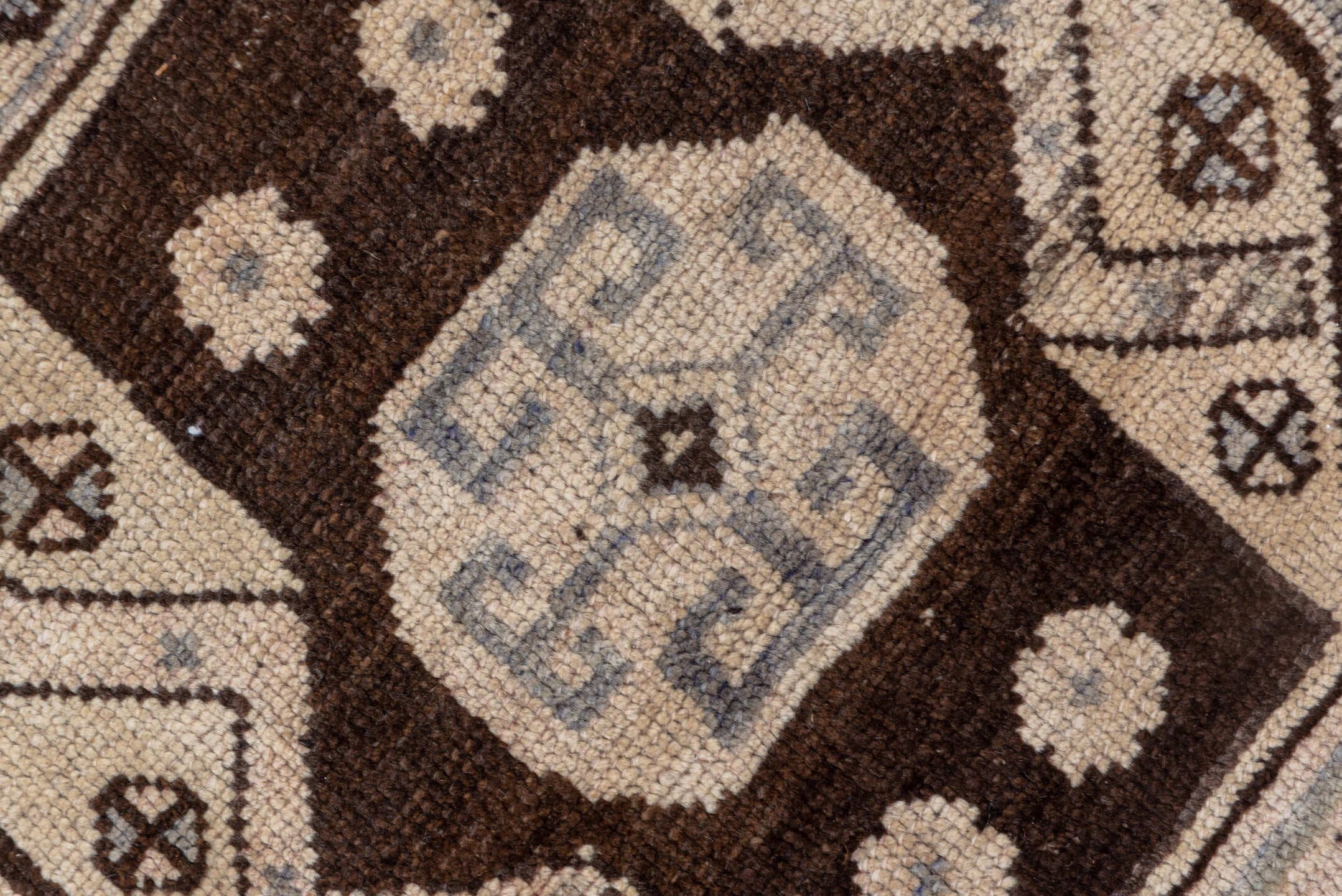3' x 14' one-of-a-kind handmade antique Oushak runner rug. Color palette: ivory, taupe, brown, camel, charcoal, beige, gray