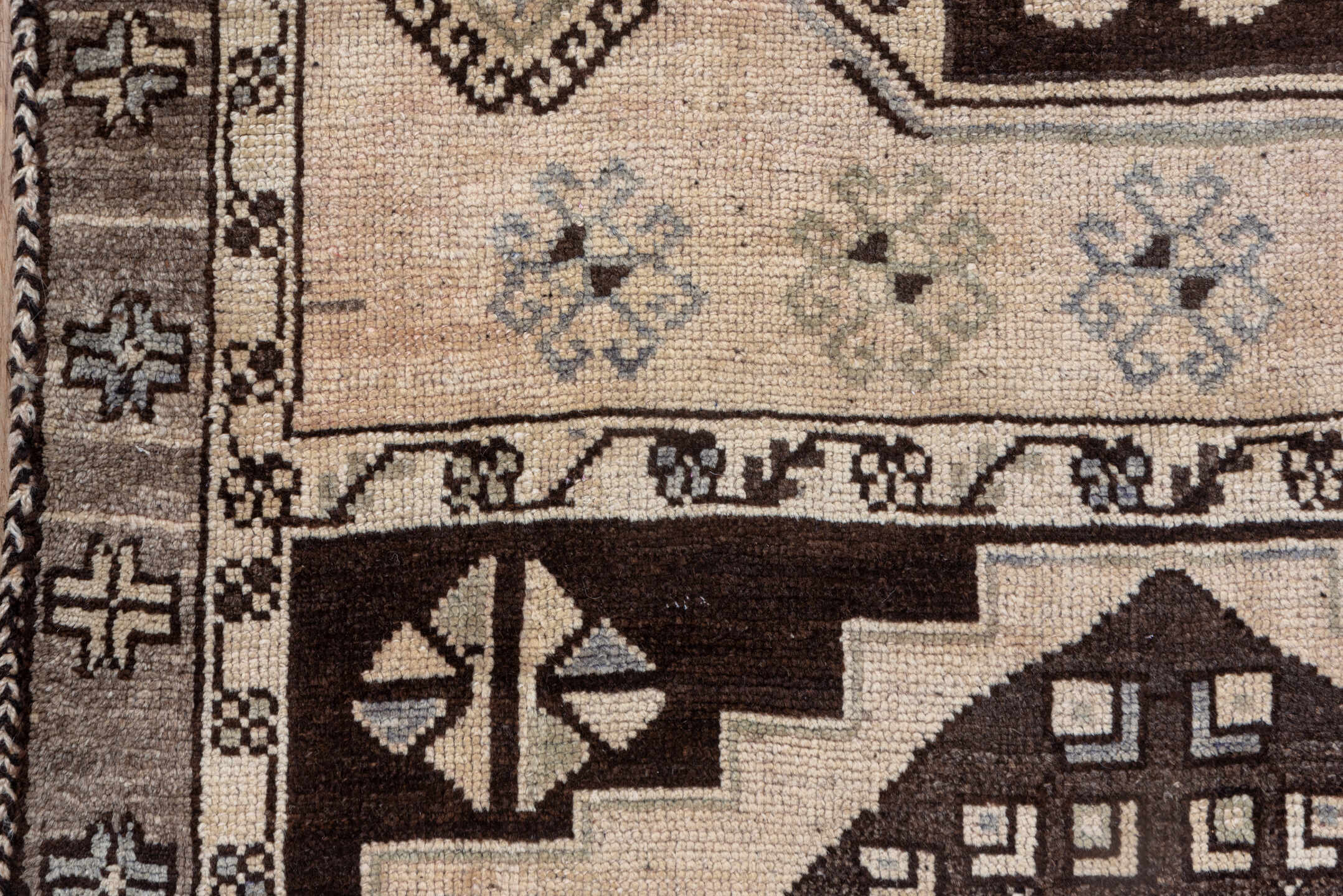 3' x 14' one-of-a-kind handmade antique Oushak runner rug. Color palette: ivory, taupe, brown, camel, charcoal, beige, gray