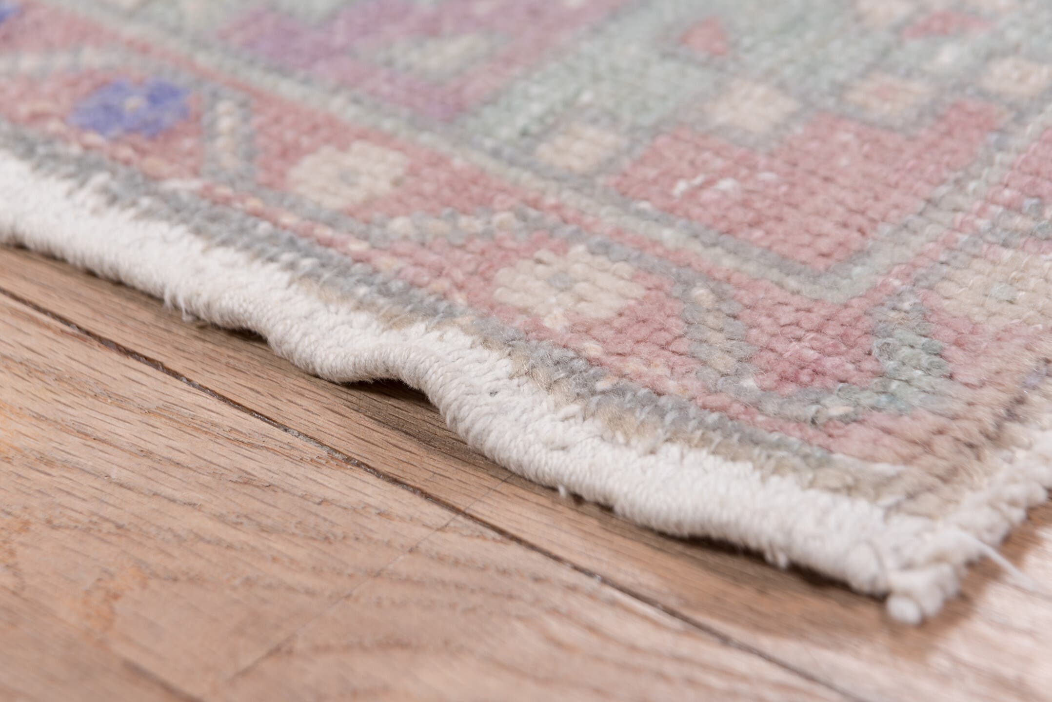 3' x 10' one-of-a-kind handmade vintage Oushak runner rug. Color palette: rose, taupe, ivory, lavender, sage, dusty blue
