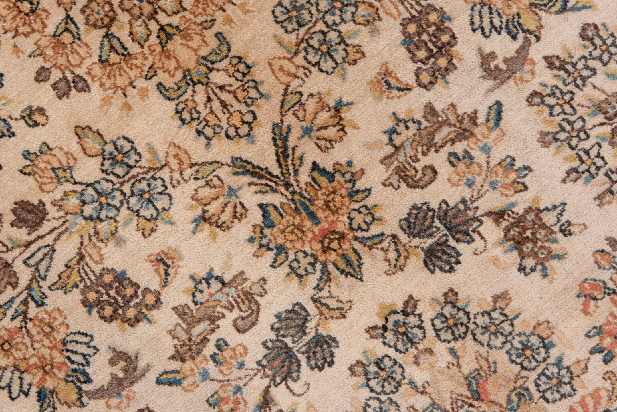 6' x 8' one-of-a-kind handmade antique Kerman medium size rug. Color palette: ivory, camel, sky blue, taupe, brown, blush