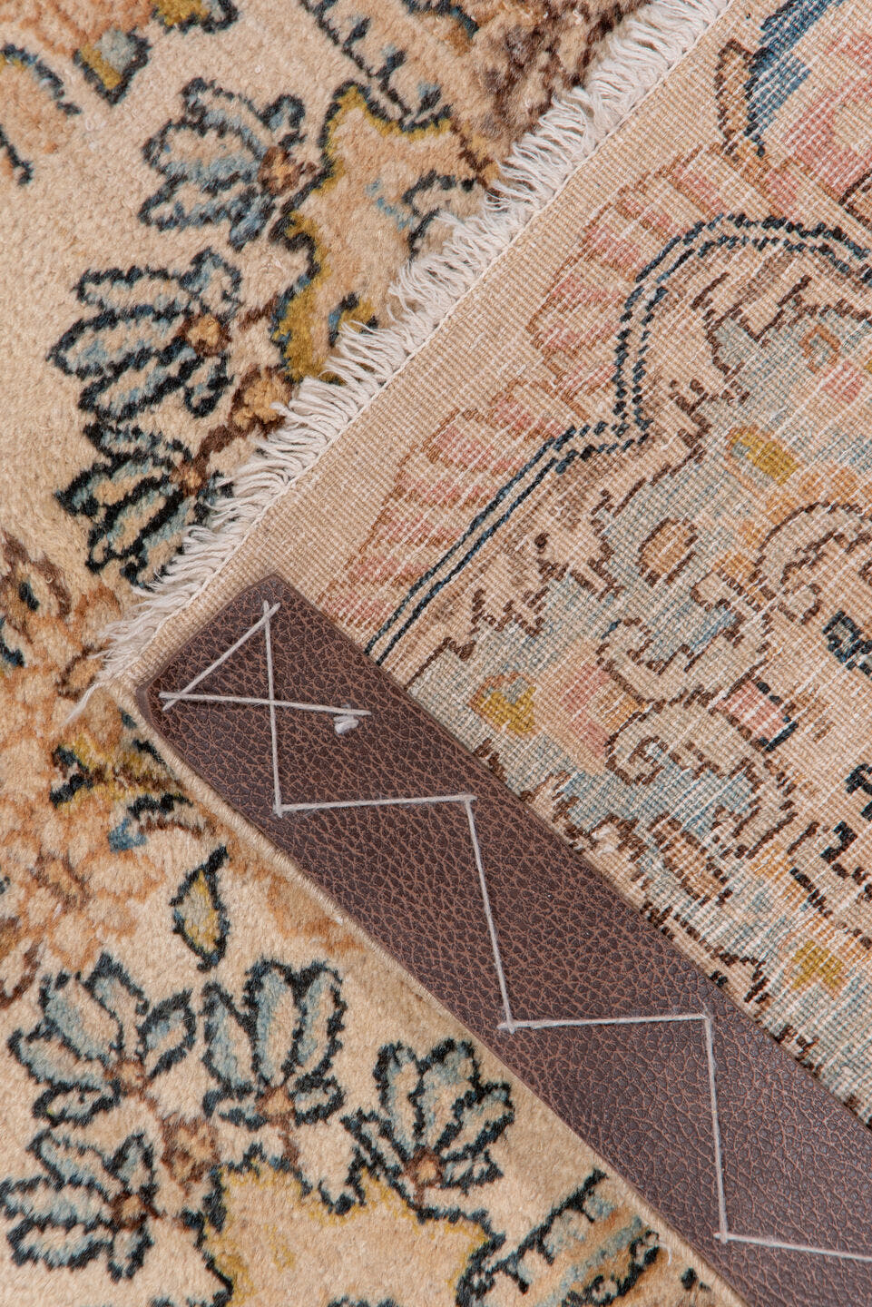 6' x 8' one-of-a-kind handmade antique Kerman medium size rug. Color palette: ivory, camel, sky blue, taupe, brown, blush
