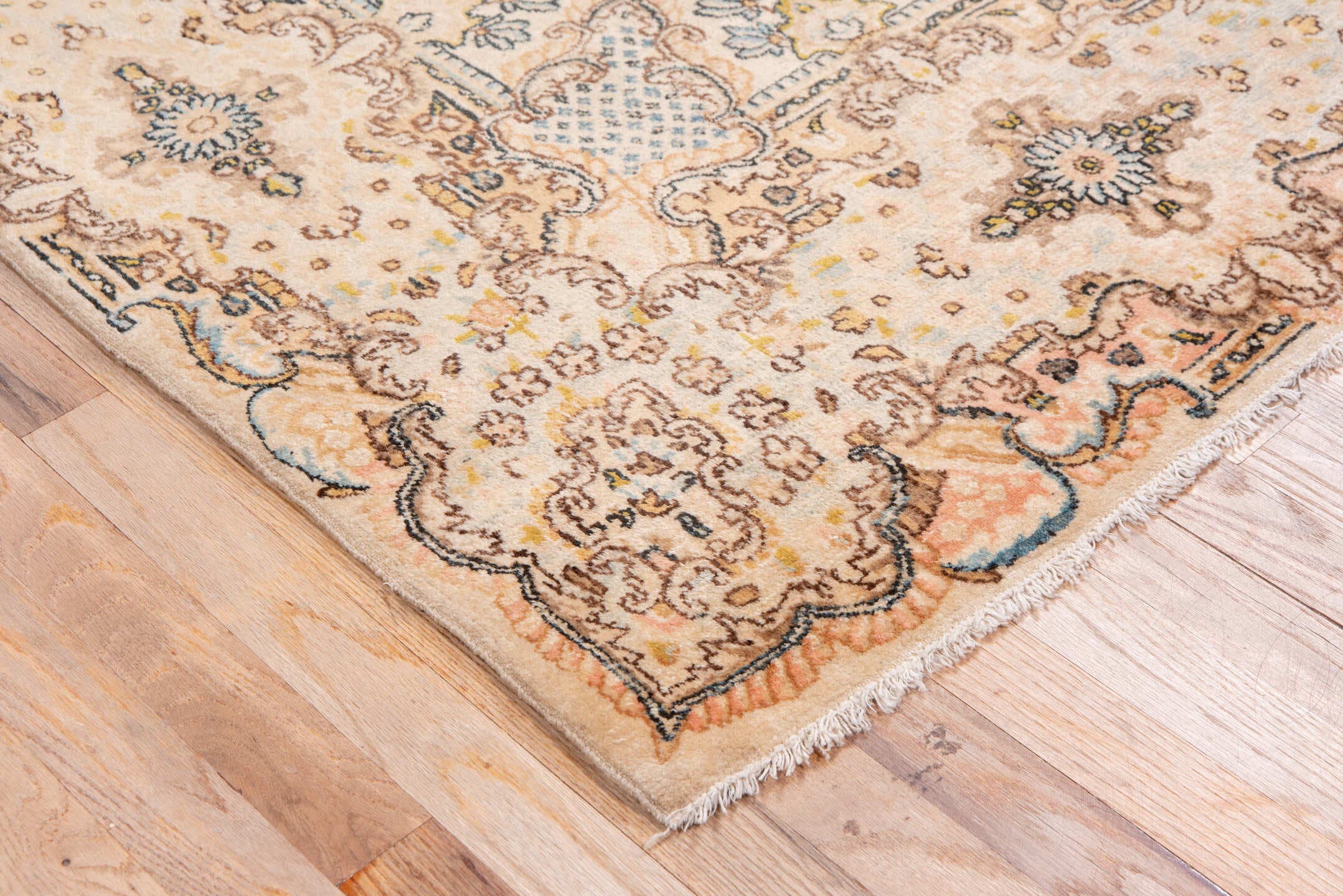 6' x 8' one-of-a-kind handmade antique Kerman medium size rug. Color palette: ivory, camel, sky blue, taupe, brown, blush