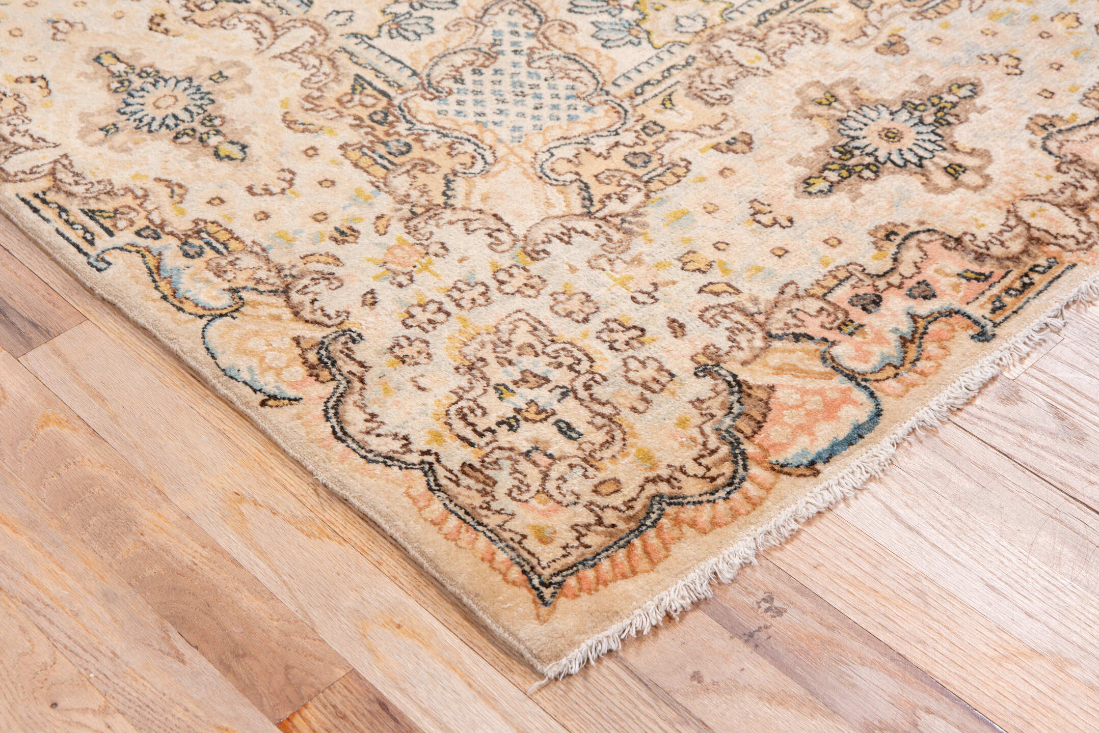 6' x 8' one-of-a-kind handmade antique Kerman medium size rug. Color palette: ivory, camel, sky blue, taupe, brown, blush