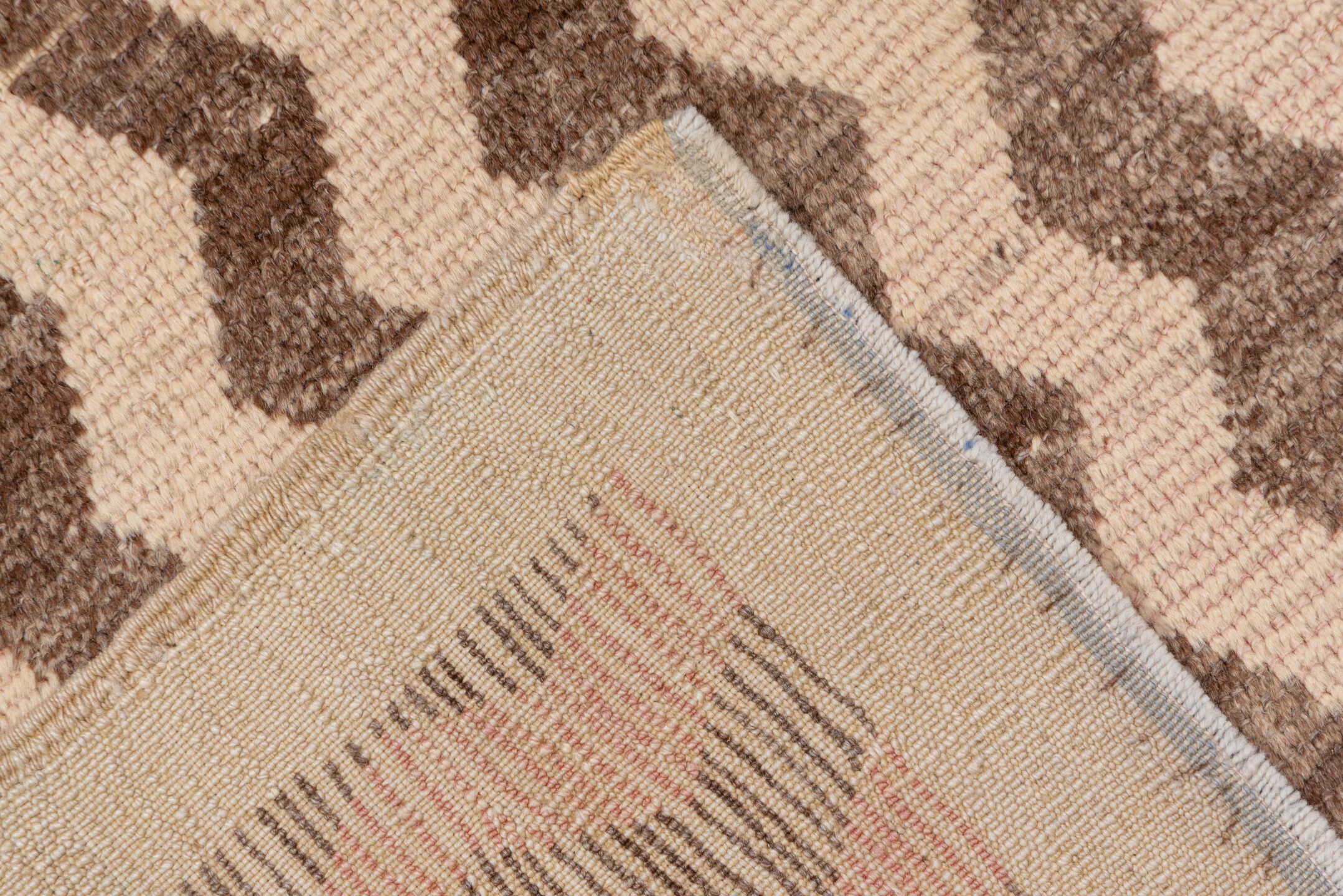 3' x 6' one-of-a-kind handmade vintage Tulu small size rug. Color palette: brown, gray, light gray, off-white, orange, pink
