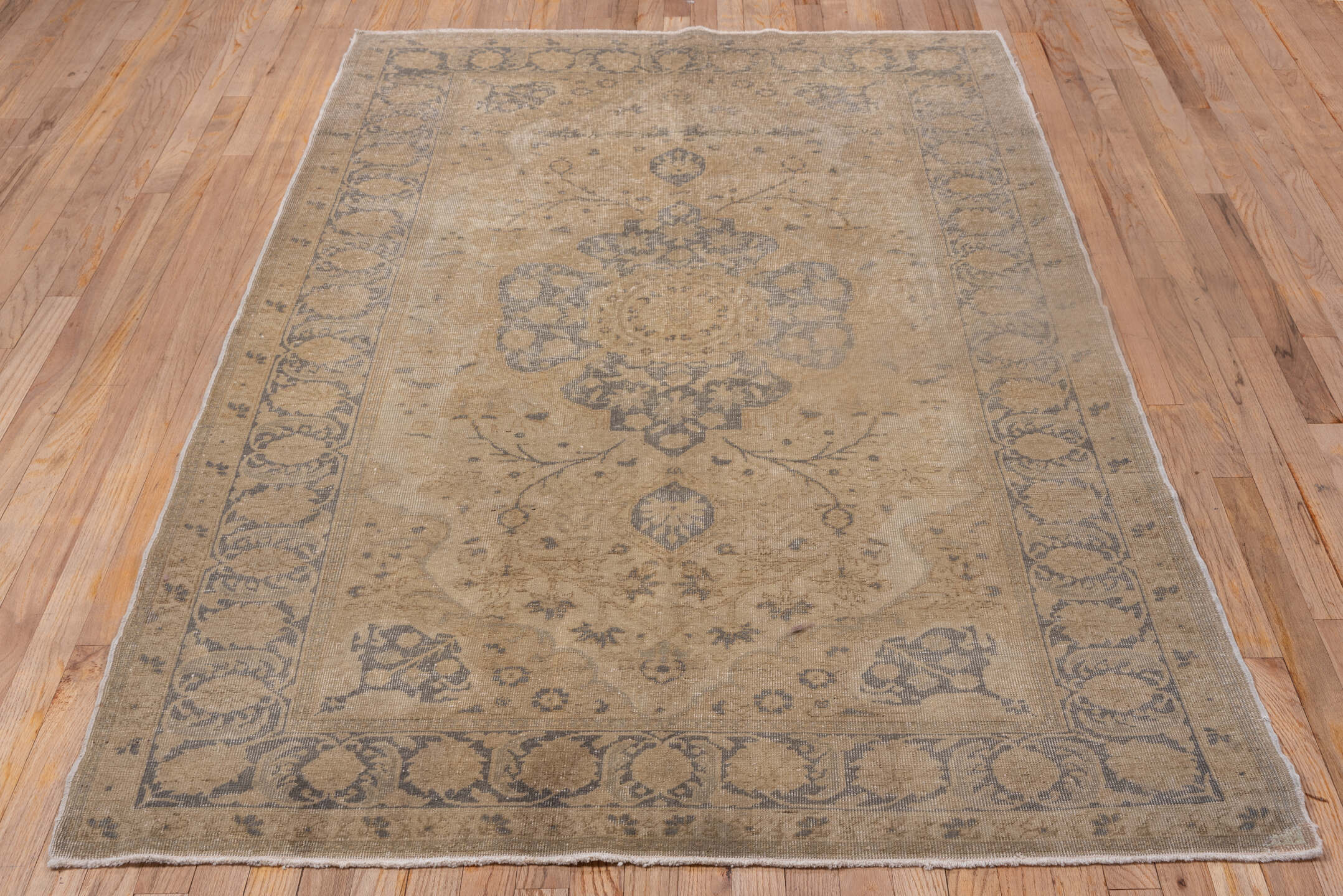 4' x 7' one-of-a-kind handmade vintage Oushak rug. Color palette: tan, taupe, slate, beige, camel, gray