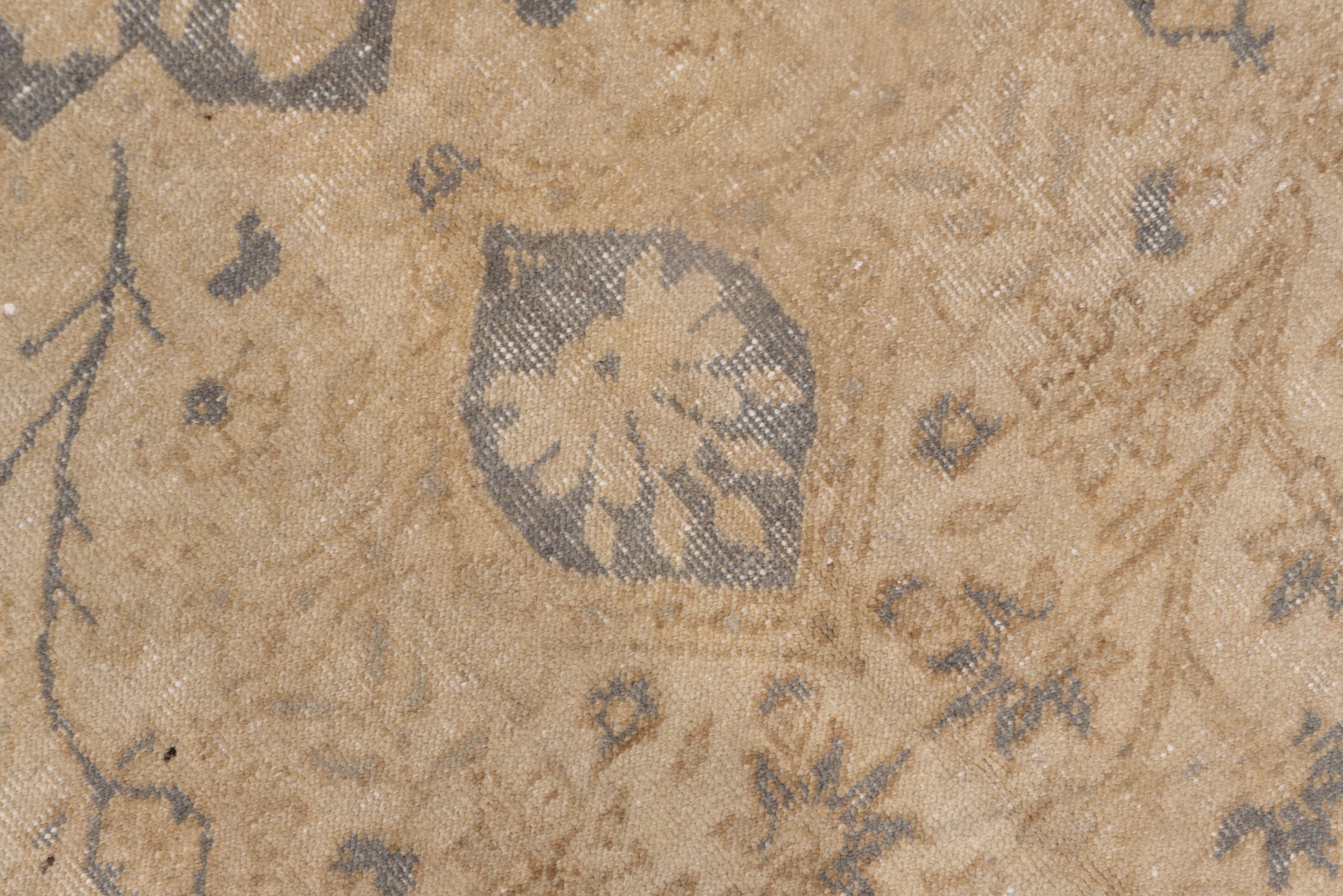 4' x 7' one-of-a-kind handmade vintage Oushak rug. Color palette: tan, taupe, slate, beige, camel, gray