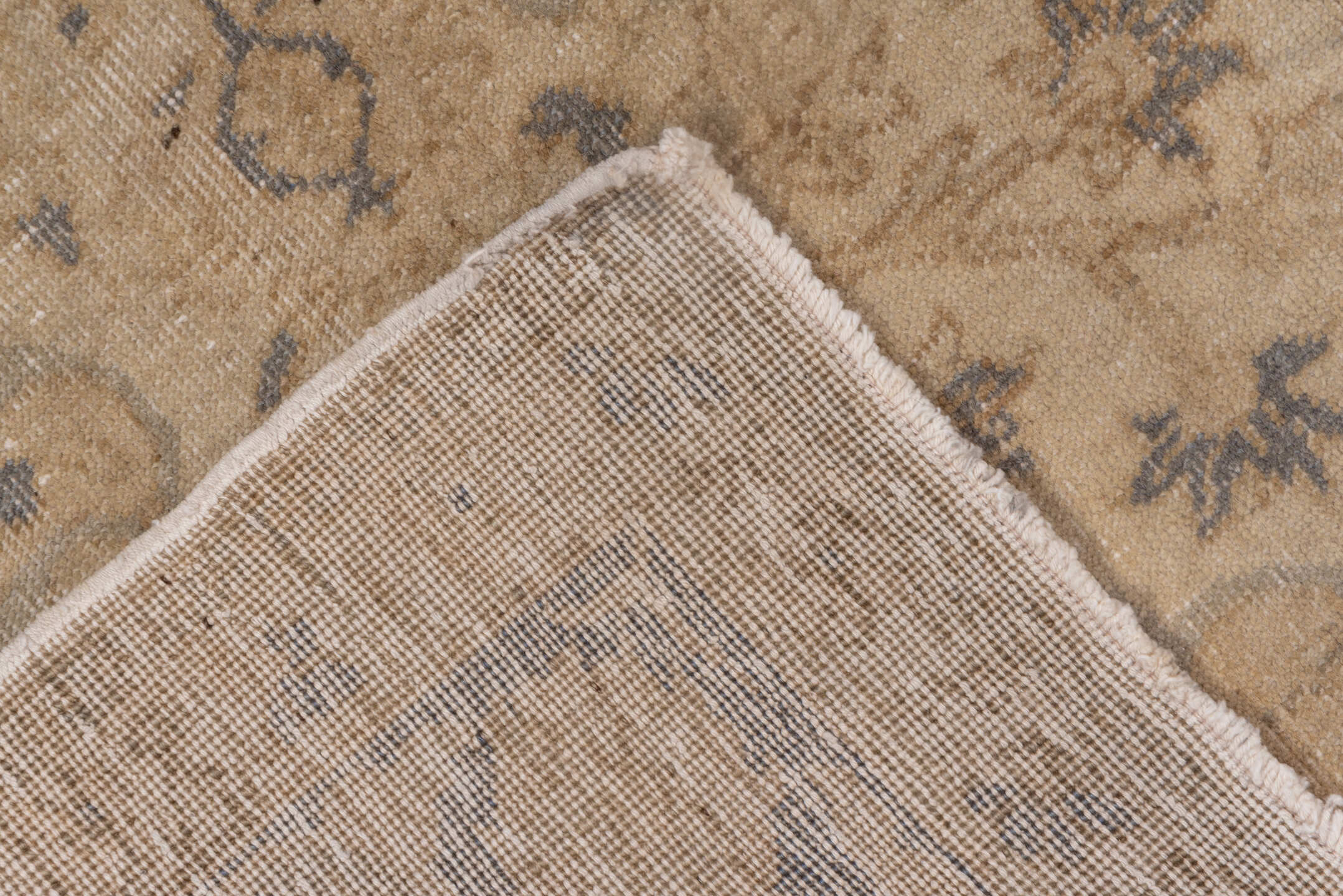 4' x 7' one-of-a-kind handmade vintage Oushak rug. Color palette: tan, taupe, slate, beige, camel, gray
