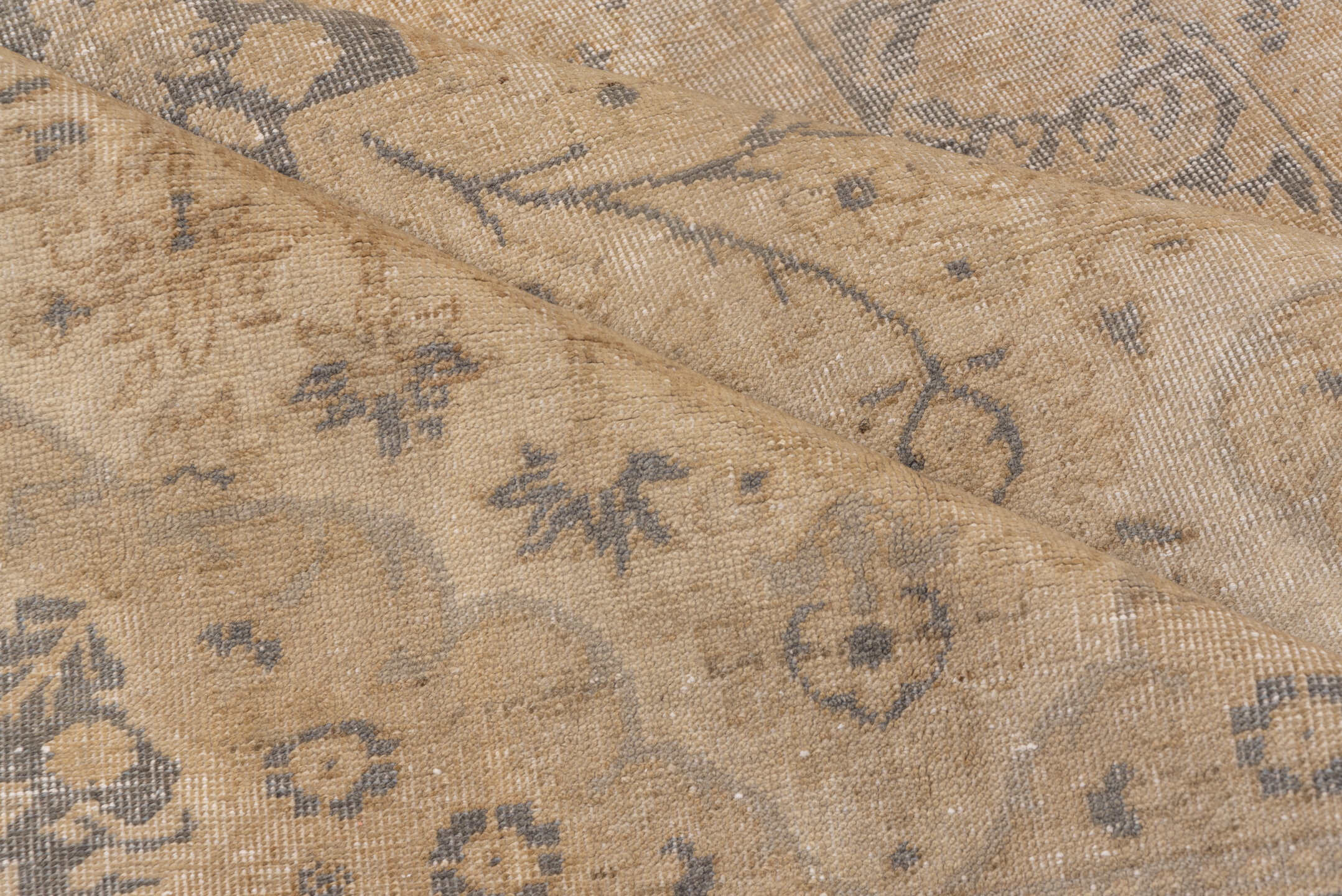 4' x 7' one-of-a-kind handmade vintage Oushak rug. Color palette: brown, gray, light gray, off-white, pink, snow, white