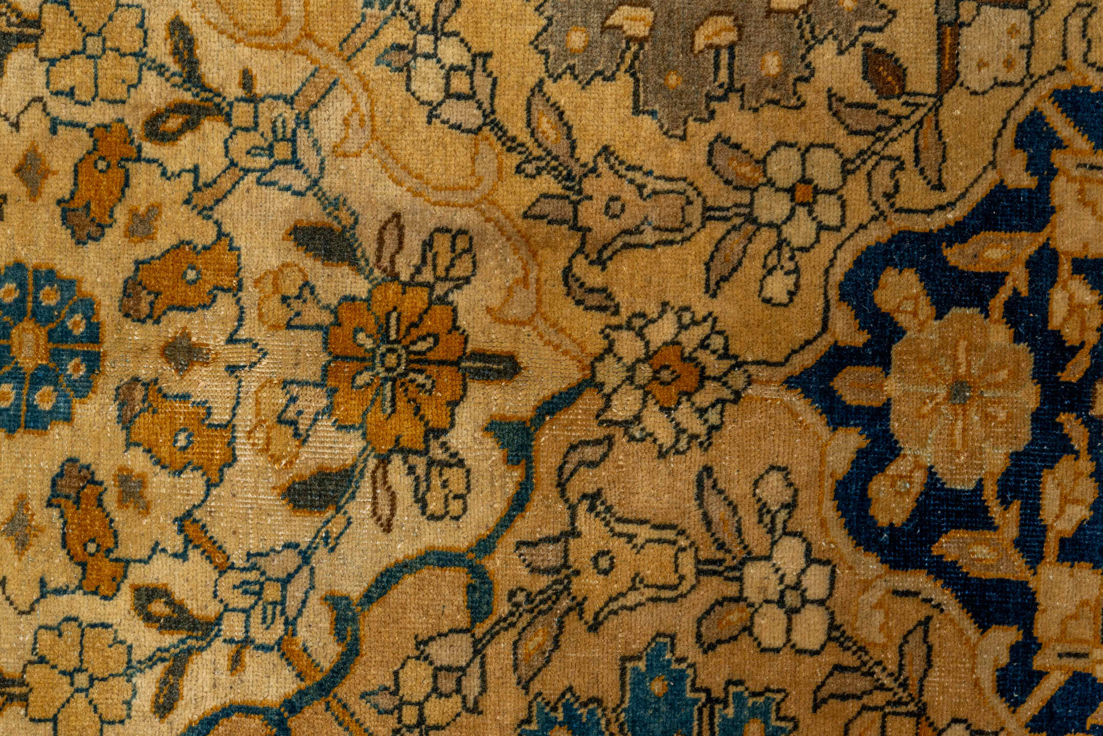 9' x 12' one-of-a-kind handmade vintage Tabriz large size rug. Color palette: black, blue, brown, burlywood, charcoal, gray