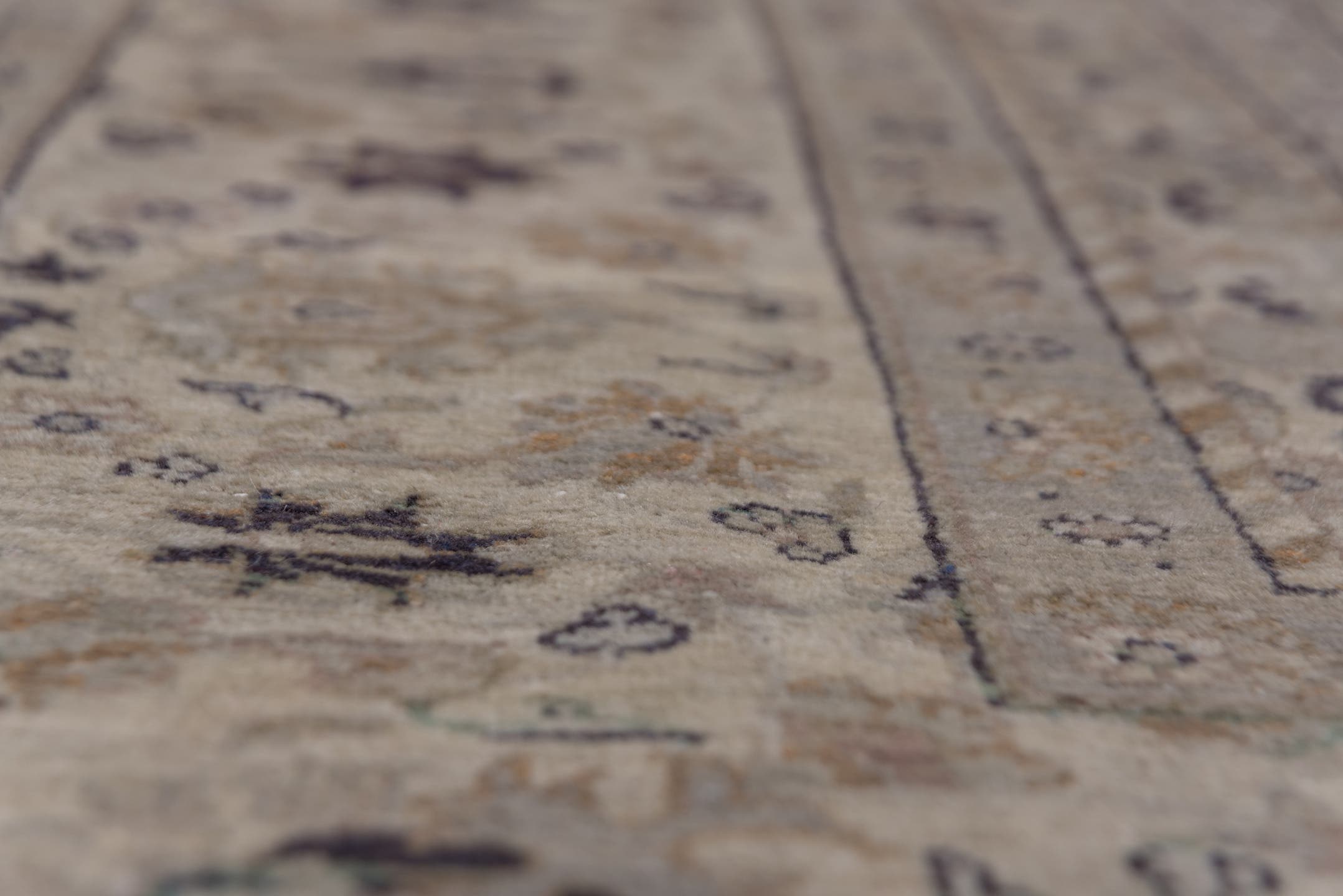 10' x 13' one-of-a-kind handmade vintage large size rug. Color palette: ivory, taupe, beige, soft blue, rose, brown, sage