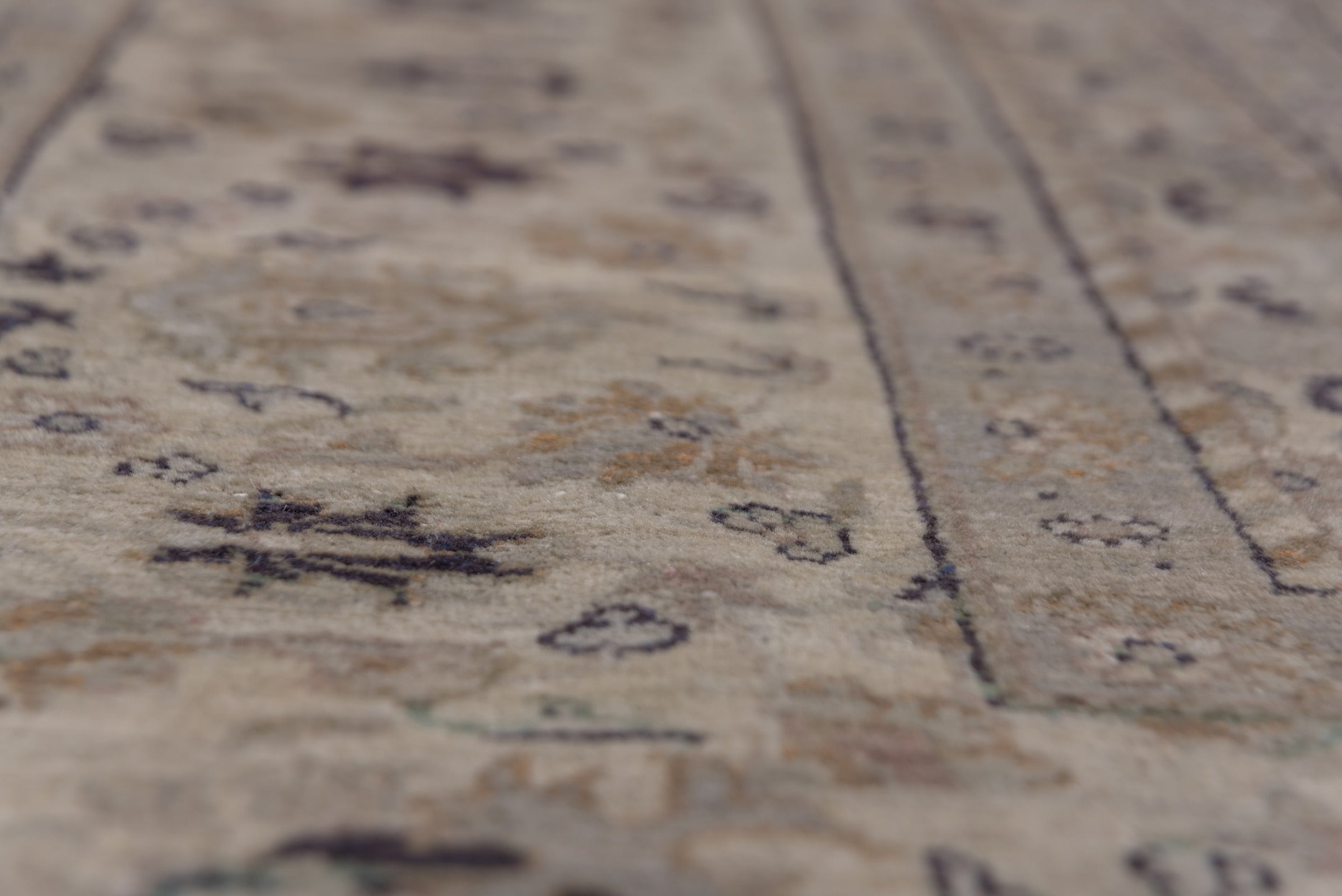 10' x 13' one-of-a-kind handmade vintage large size rug. Color palette: ivory, taupe, beige, soft blue, rose, brown, sage