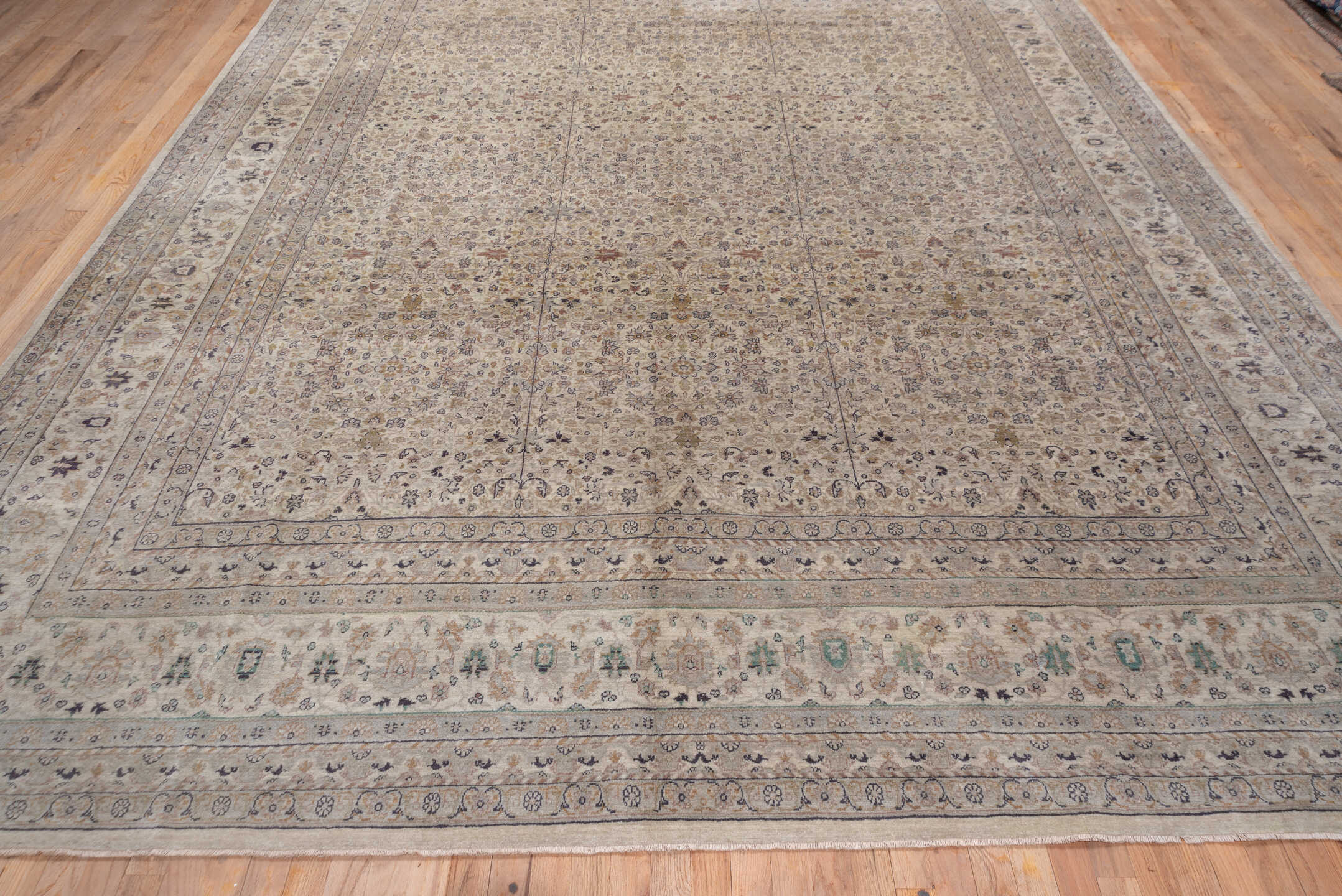 10' x 13' one-of-a-kind handmade vintage large size rug. Color palette: ivory, taupe, beige, soft blue, rose, brown, sage