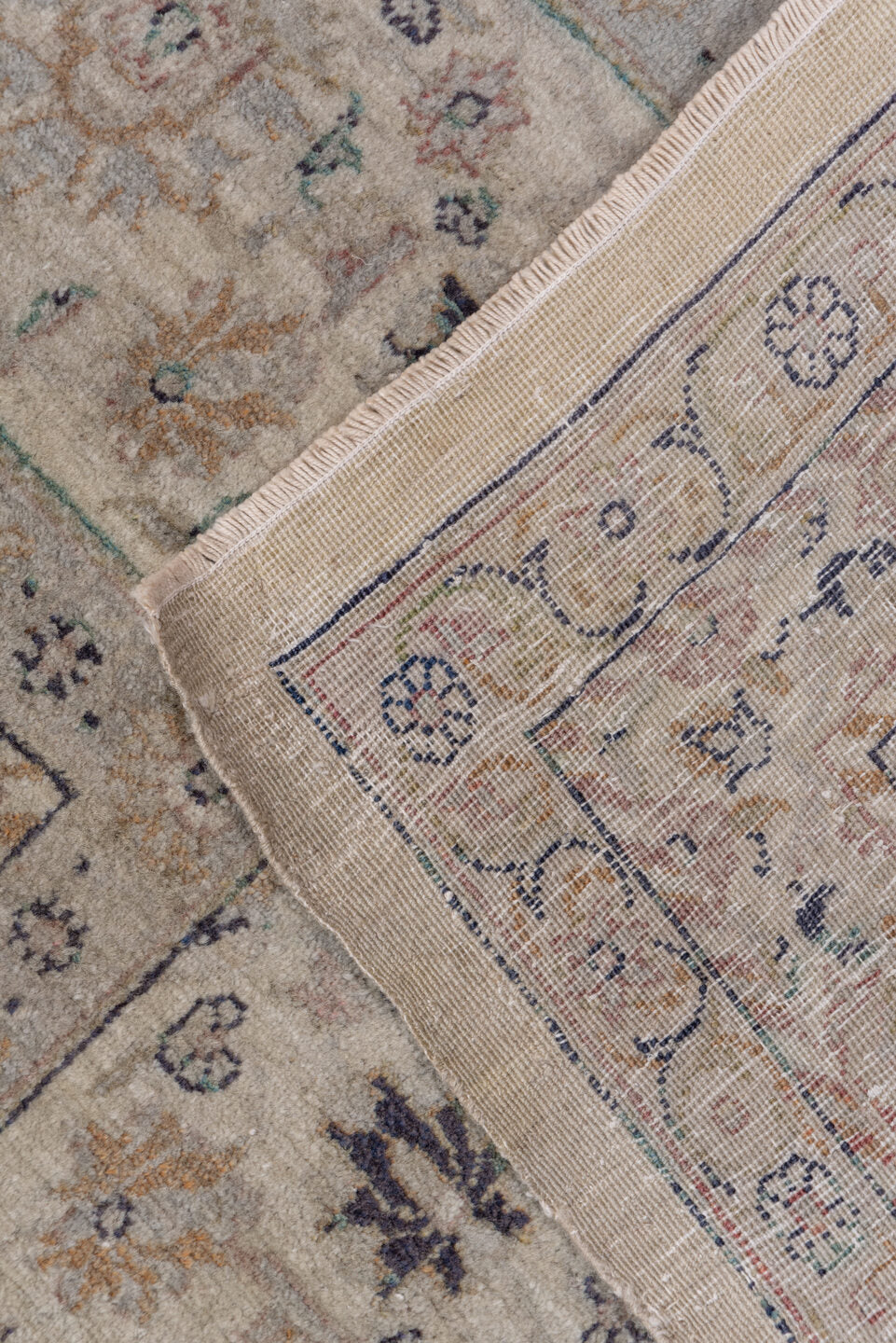 10' x 13' one-of-a-kind handmade vintage large size rug. Color palette: ivory, taupe, beige, soft blue, rose, brown, sage