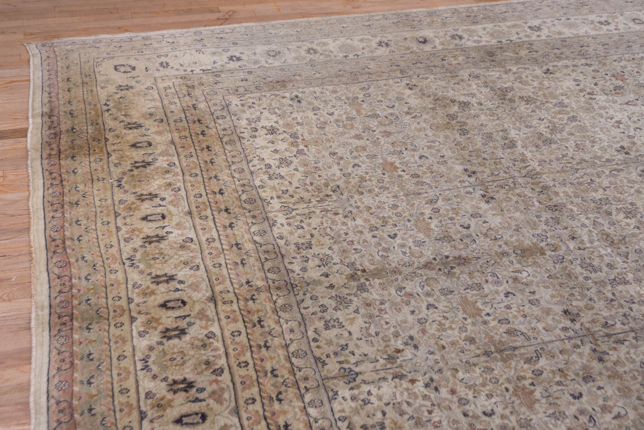 10' x 13' one-of-a-kind handmade vintage large size rug. Color palette: ivory, taupe, beige, soft blue, rose, brown, sage