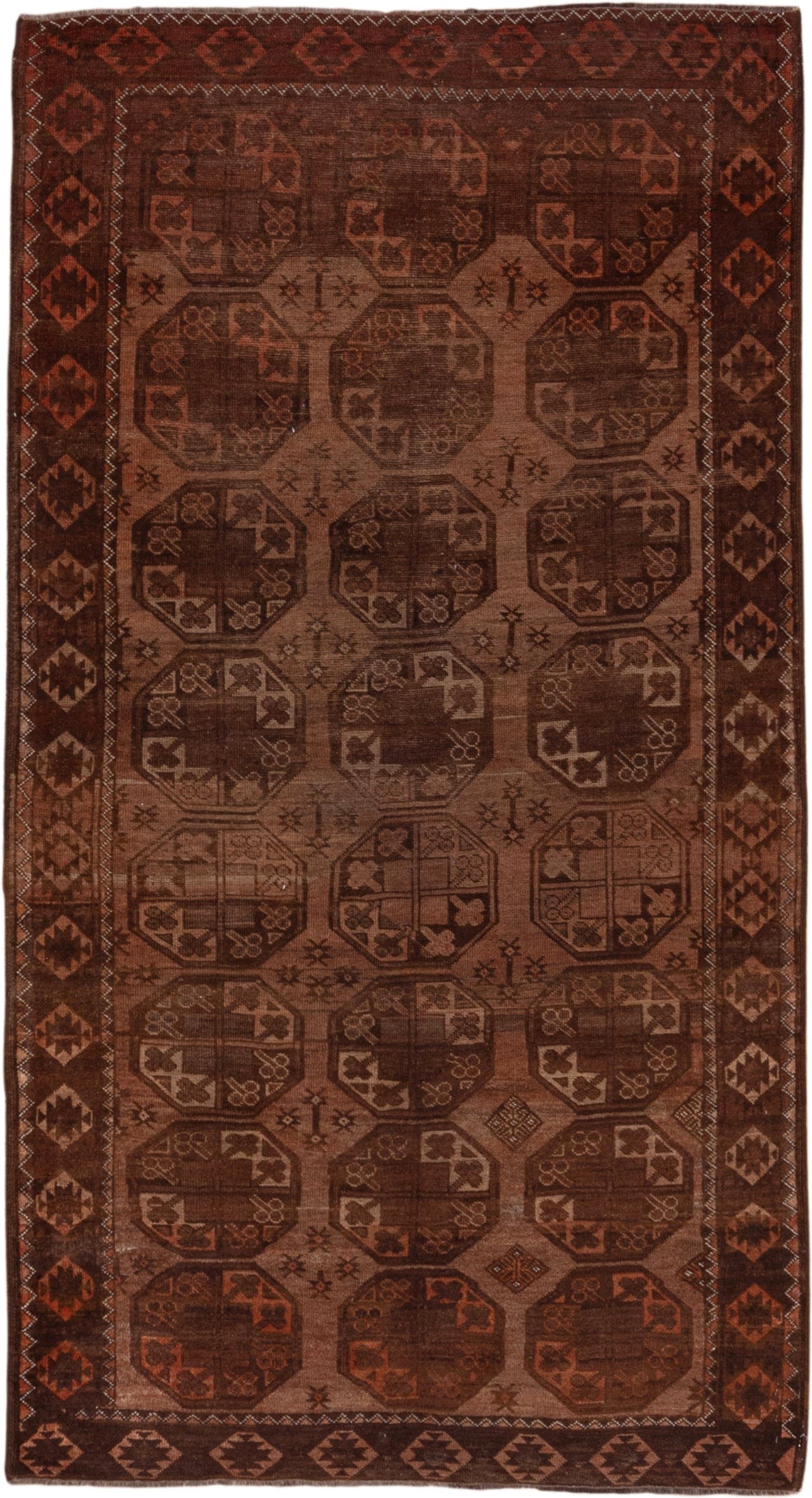 4' x 7' one-of-a-kind handmade antique Afghan rug. Color palette: brown, rust, camel, mahogany, taupe, terra cotta, charcoal