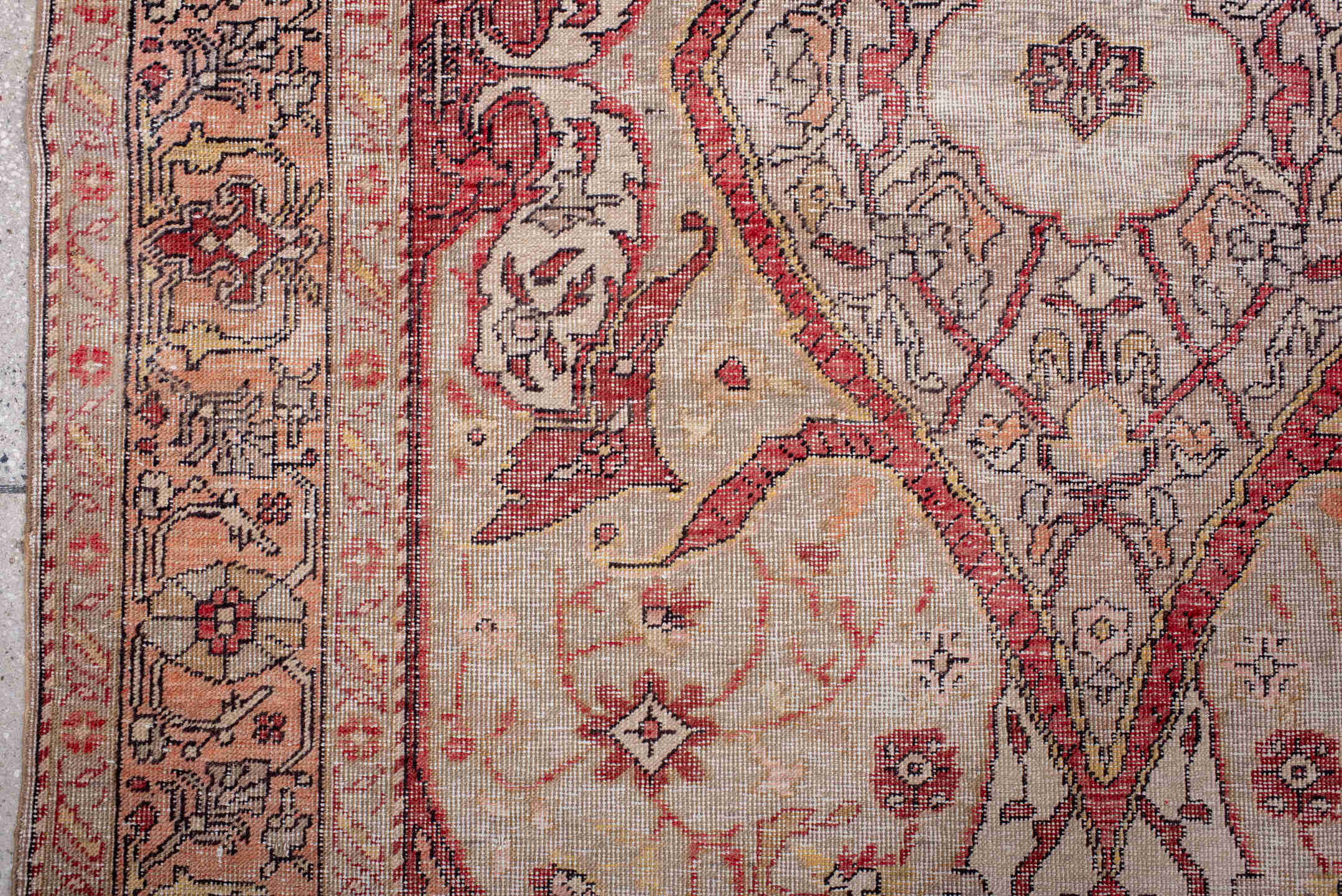 4' x 7' one-of-a-kind handmade vintage Oushak rug. Color palette: black, brown, gray, light gray, pink, red, redwood, wine