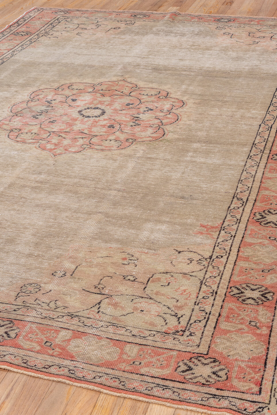 6' x 9' one-of-a-kind handmade vintage Oushak medium size rug. Color palette: brown, gray, light gray, off-white, pink, red