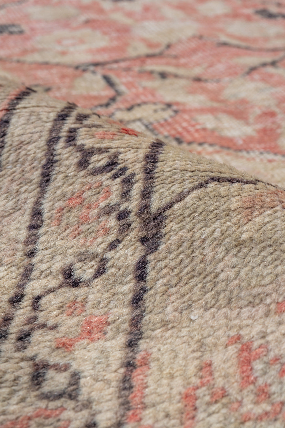 6' x 9' one-of-a-kind handmade vintage Oushak medium size rug. Color palette: brown, gray, light gray, off-white, pink, red