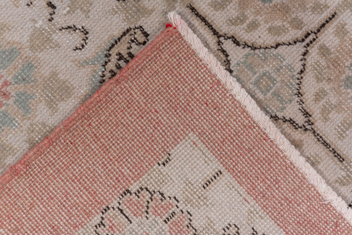 6' x 10' one-of-a-kind handmade vintage Sparta large size rug. Color palette: ivory, blush, taupe, charcoal, pale blue