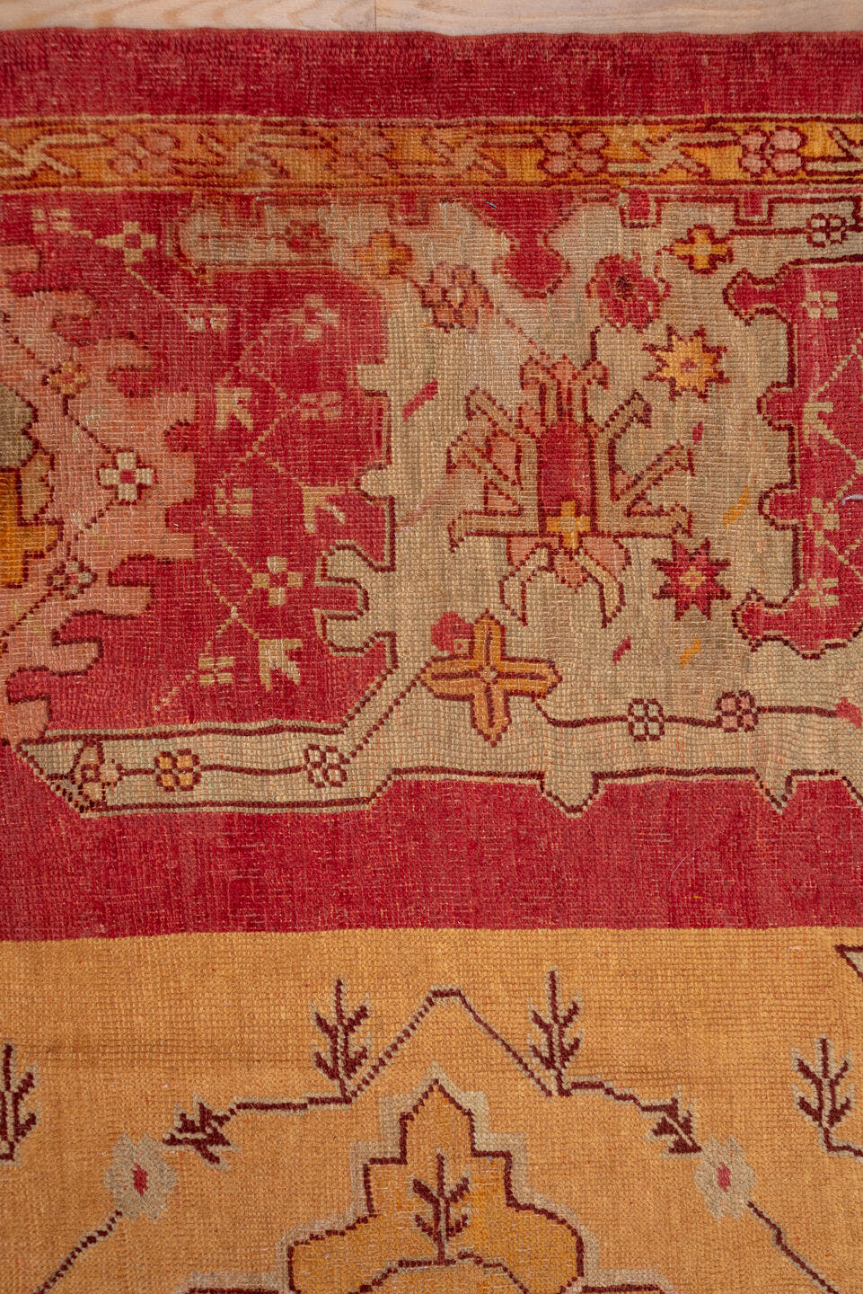 11' x 14' one-of-a-kind handmade antique Oushak oversize rug. Color palette: rust, ivory, gold, peach, sage, rose, taupe