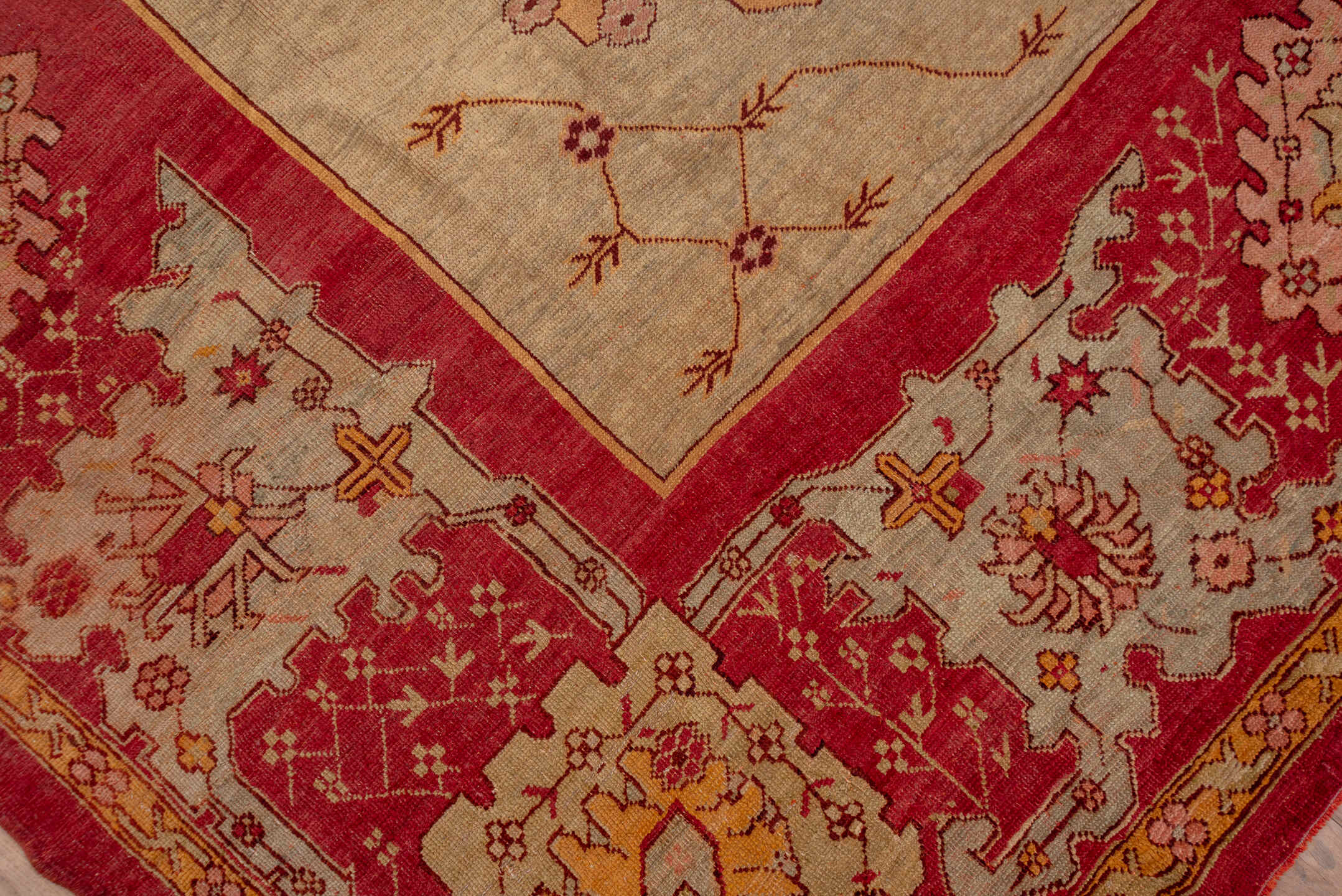 11' x 14' one-of-a-kind handmade antique Oushak oversize rug. Color palette: rust, ivory, gold, peach, sage, rose, taupe