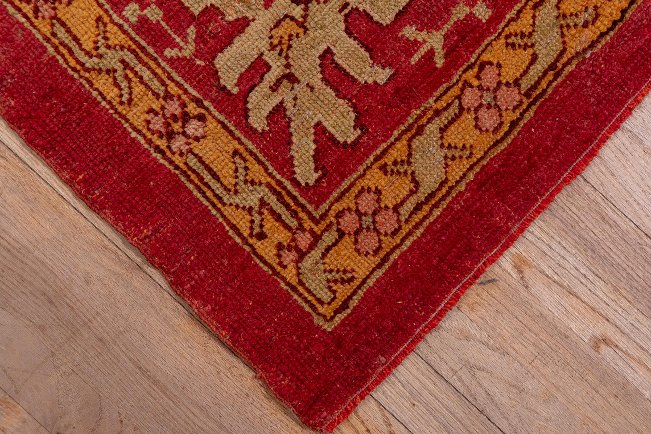 11' x 14' one-of-a-kind handmade antique Oushak oversize rug. Color palette: rust, ivory, gold, peach, sage, rose, taupe