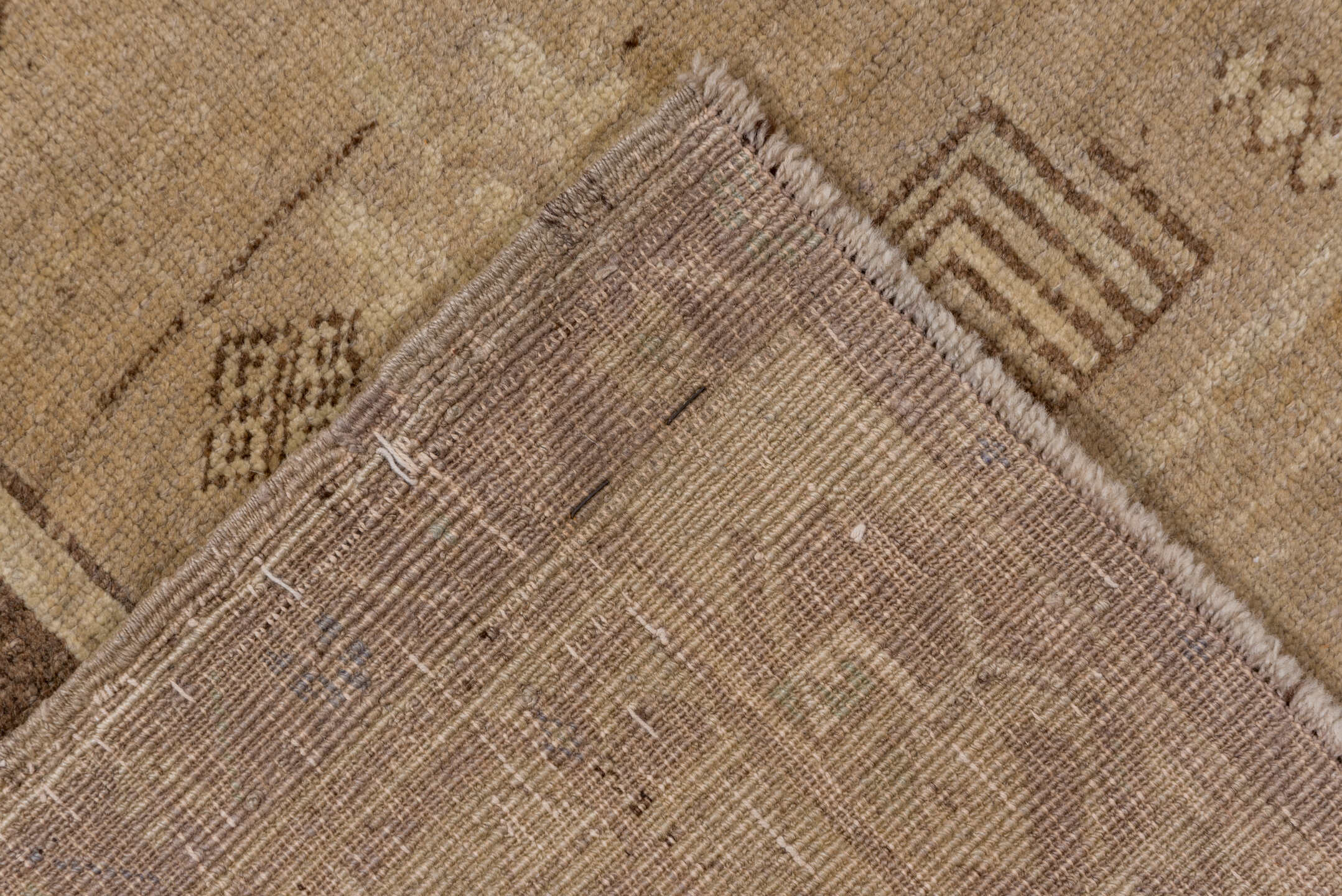 4' x 8' one-of-a-kind handmade vintage Oushak rug. Color palette: taupe, beige, camel, brown, ivory, gray