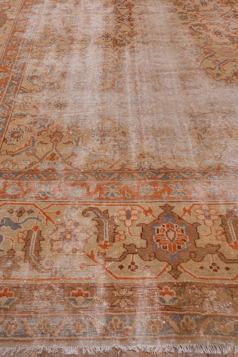 16' x 16' one-of-a-kind handmade vintage Amritzar oversize rug. Color palette: blush, terra cotta, ivory, dusty blue, taupe