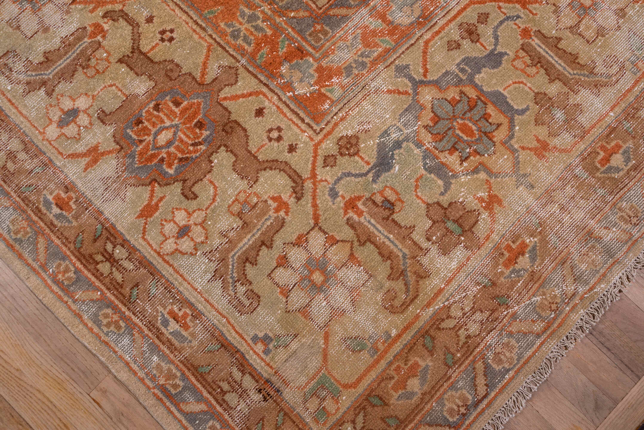 16' x 16' one-of-a-kind handmade vintage Amritzar oversize rug. Color palette: blush, terra cotta, ivory, dusty blue, taupe