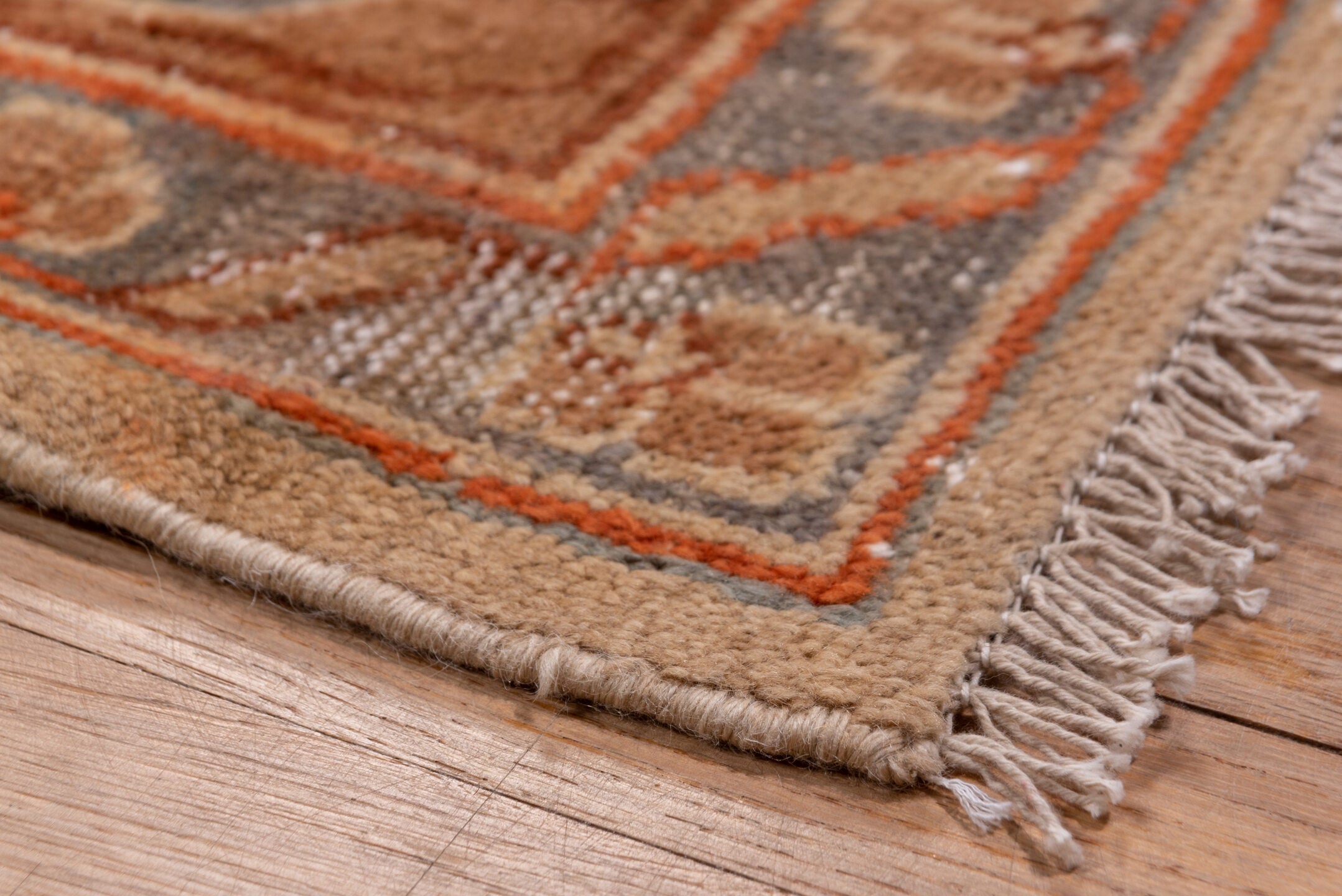 16' x 16' one-of-a-kind handmade vintage Amritzar oversize rug. Color palette: blush, terra cotta, ivory, dusty blue, taupe