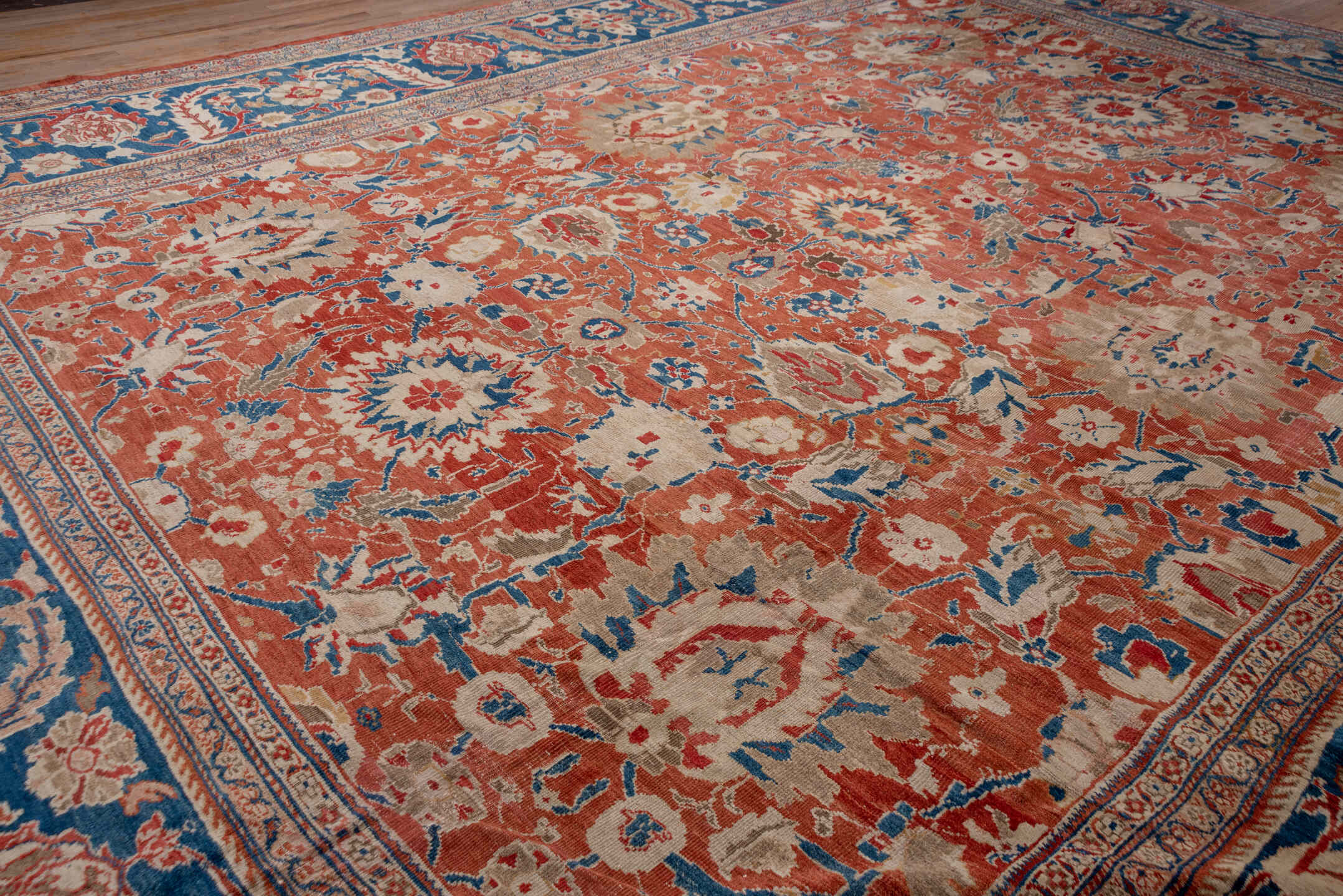 16' x 20' one-of-a-kind handmade vintage Sultanabad oversize rug. Color palette: blue, brown, fiord, gray, pink, red